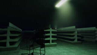 screenshot from the start of interliminality of an empty shopping cart in the middle of a barren and dark supermarket, dimly lit by one light beam on the ceiling, all of the shelves are empty, apart from a note that seems to be stuck to one of them