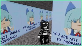 image for item asylum showing the spawn hub with a reoccurring wall pattern of a blue haired anime girl with cat ears saying you are not immune to propaganda 