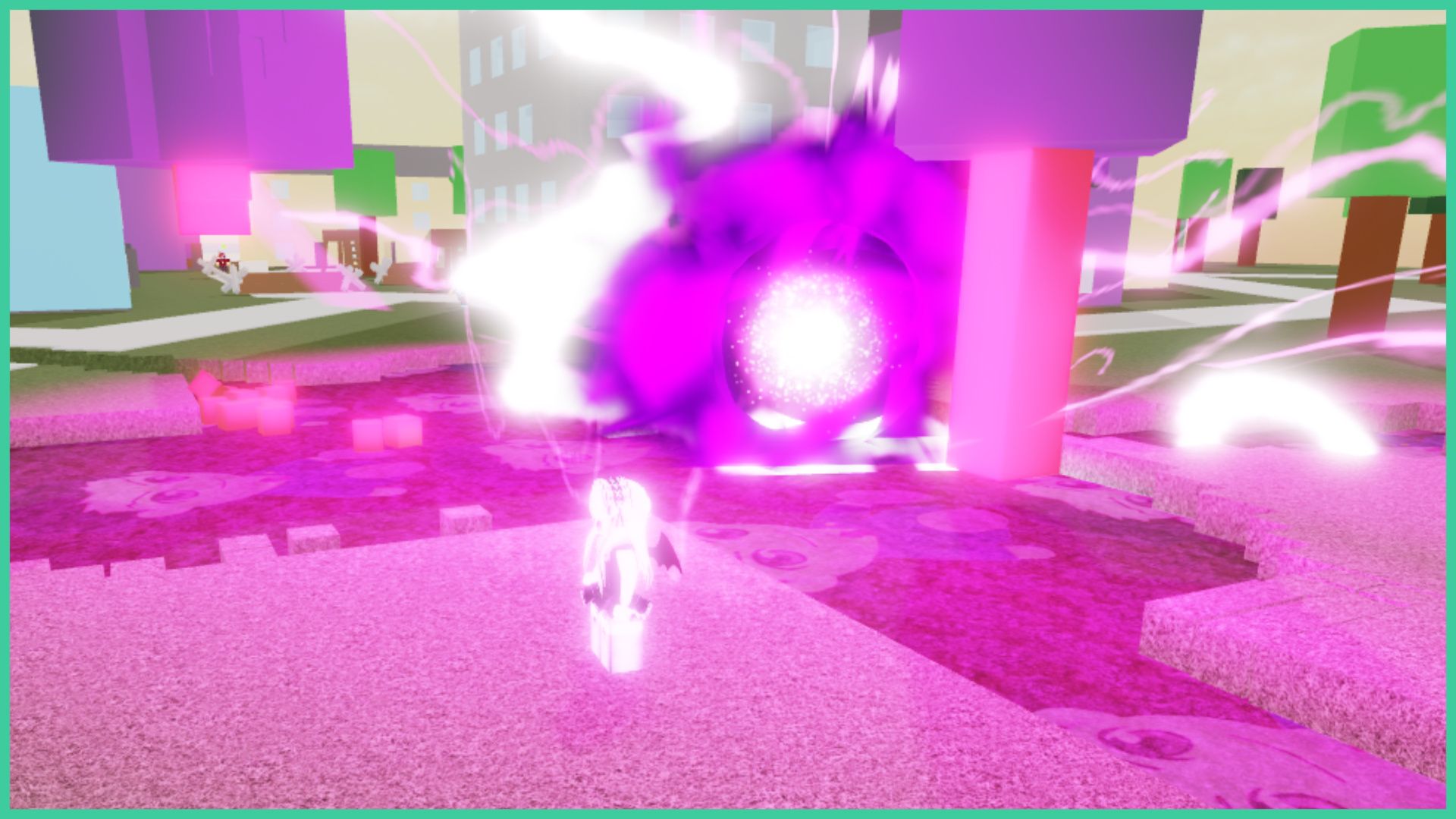 feature image for our jujutsu shenanigans gojo guide, the hollow purple ability is active, with a giant purple glowing orb in the center of the arena, destroying the ground and leaving debris on the floor