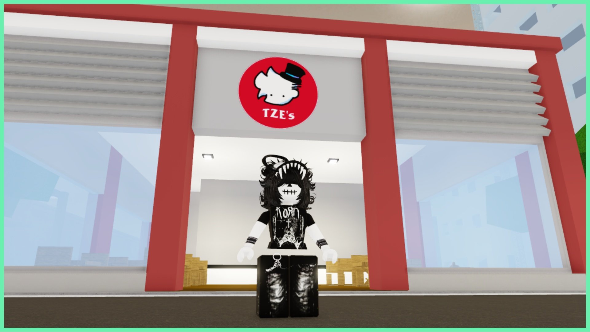 The image shows my avatar stood before a red and white building with a unique logo of a white head with a tophat.
