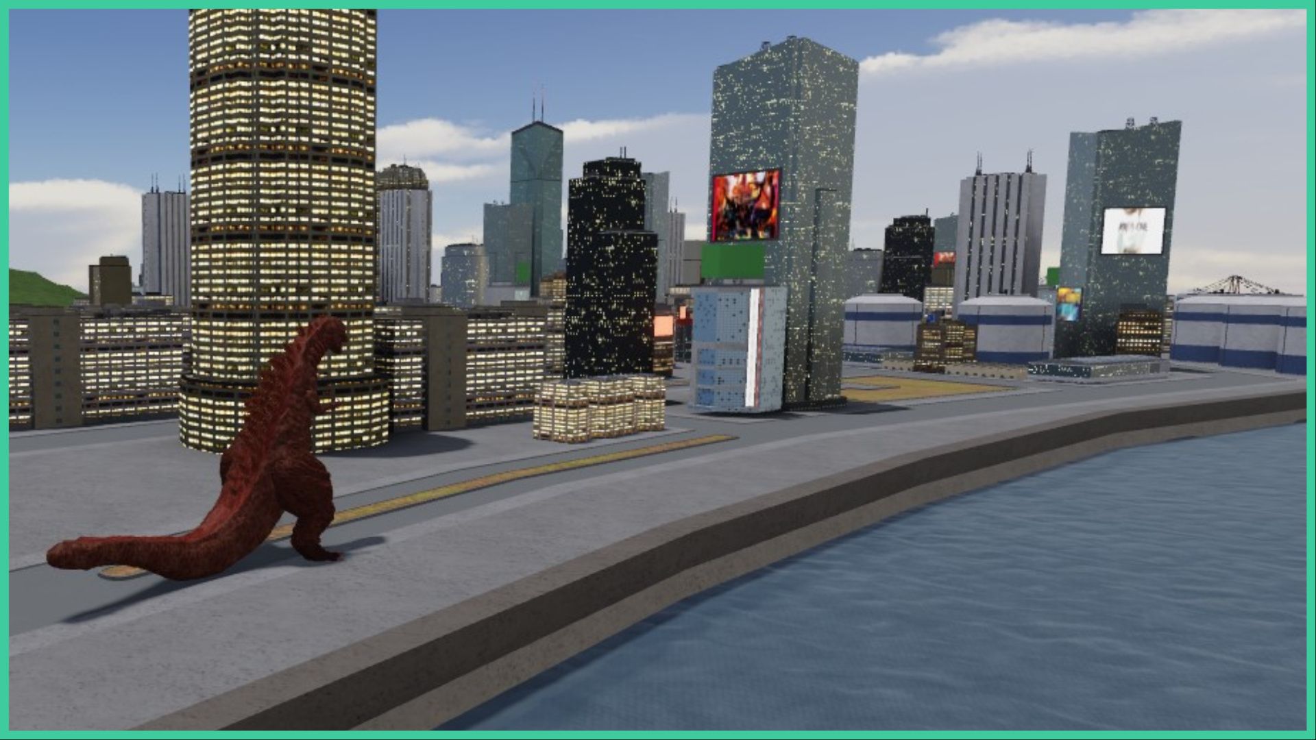 feature image for our kaiju arisen codes guide, it's a screenshot from the game of a kaiju walking towards some skyscraper buildings in the city with a river to the right side, some of the skyscrapers have screens on the front with advertisements