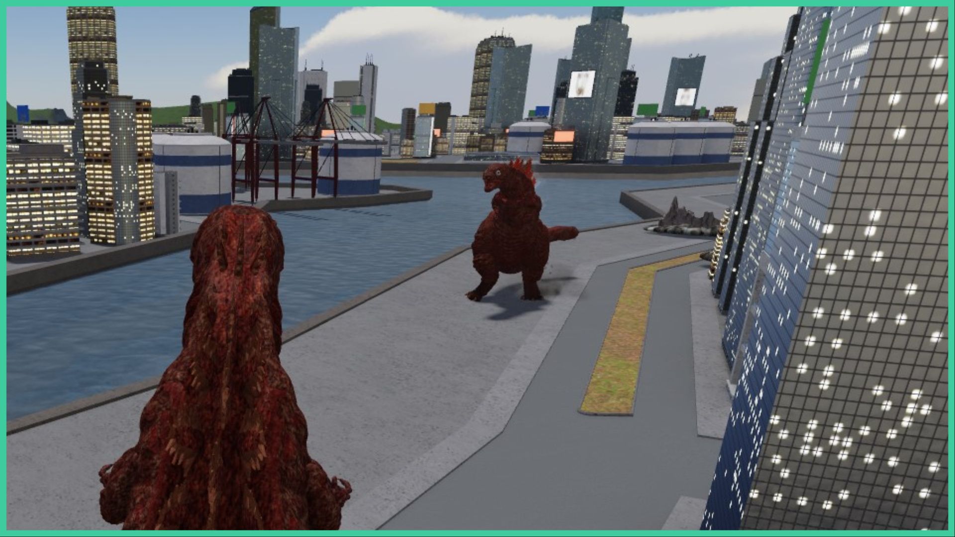 feature image for our kaiju arisen tier list, the image is a screenshot of 2 kaiju monsters walking toward each other as the opposite kaiju is roaring, the river flows to the left, as tall city buildings stand around them
