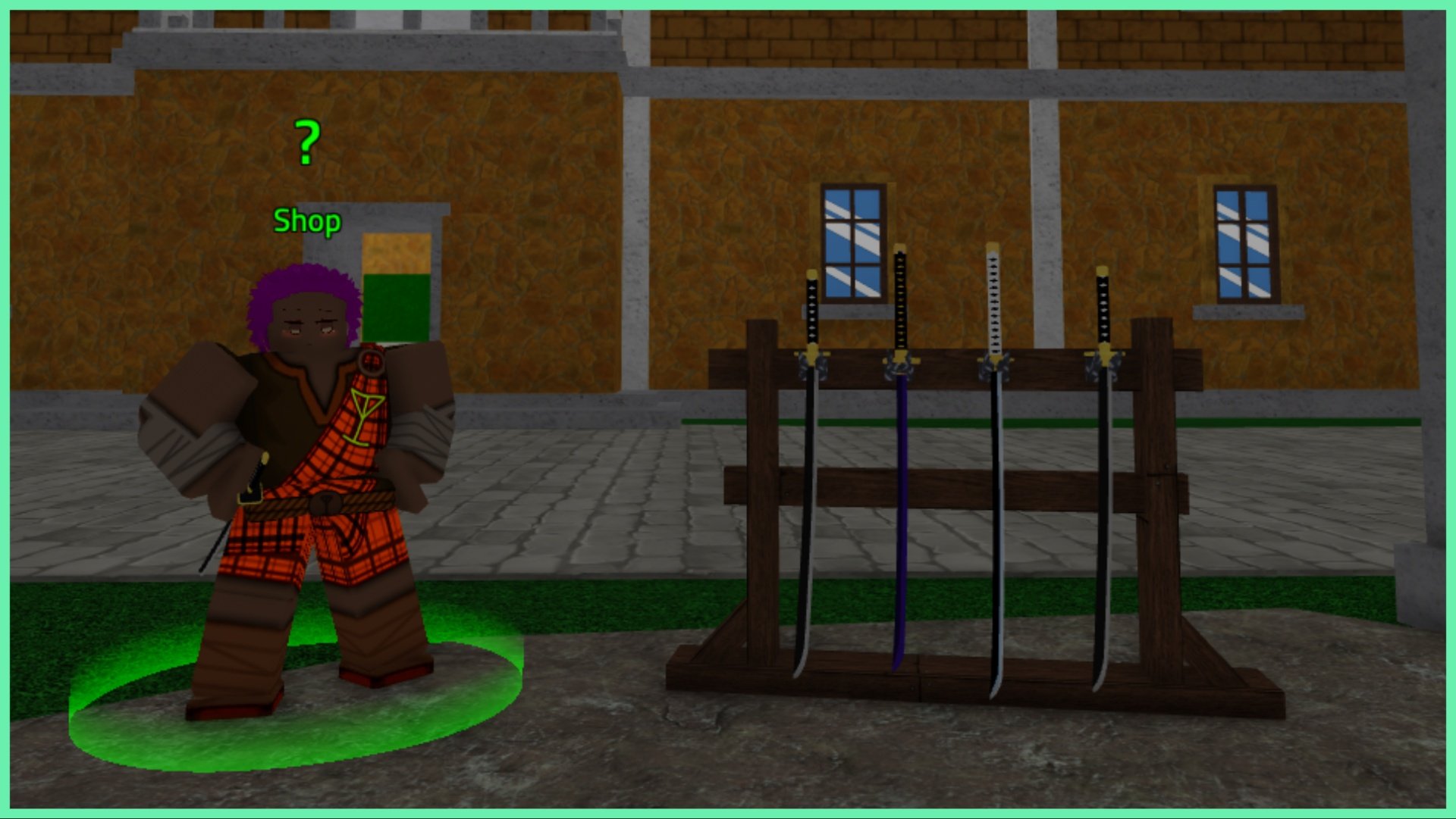Feature image for our King Legacy Sword Tier List which shows a shopkeep beside a standee of various unsheathed swords