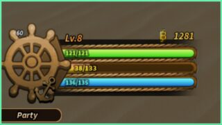 Image shows the ship wheel with my character stats featuring level, beli, health, exp and stamina