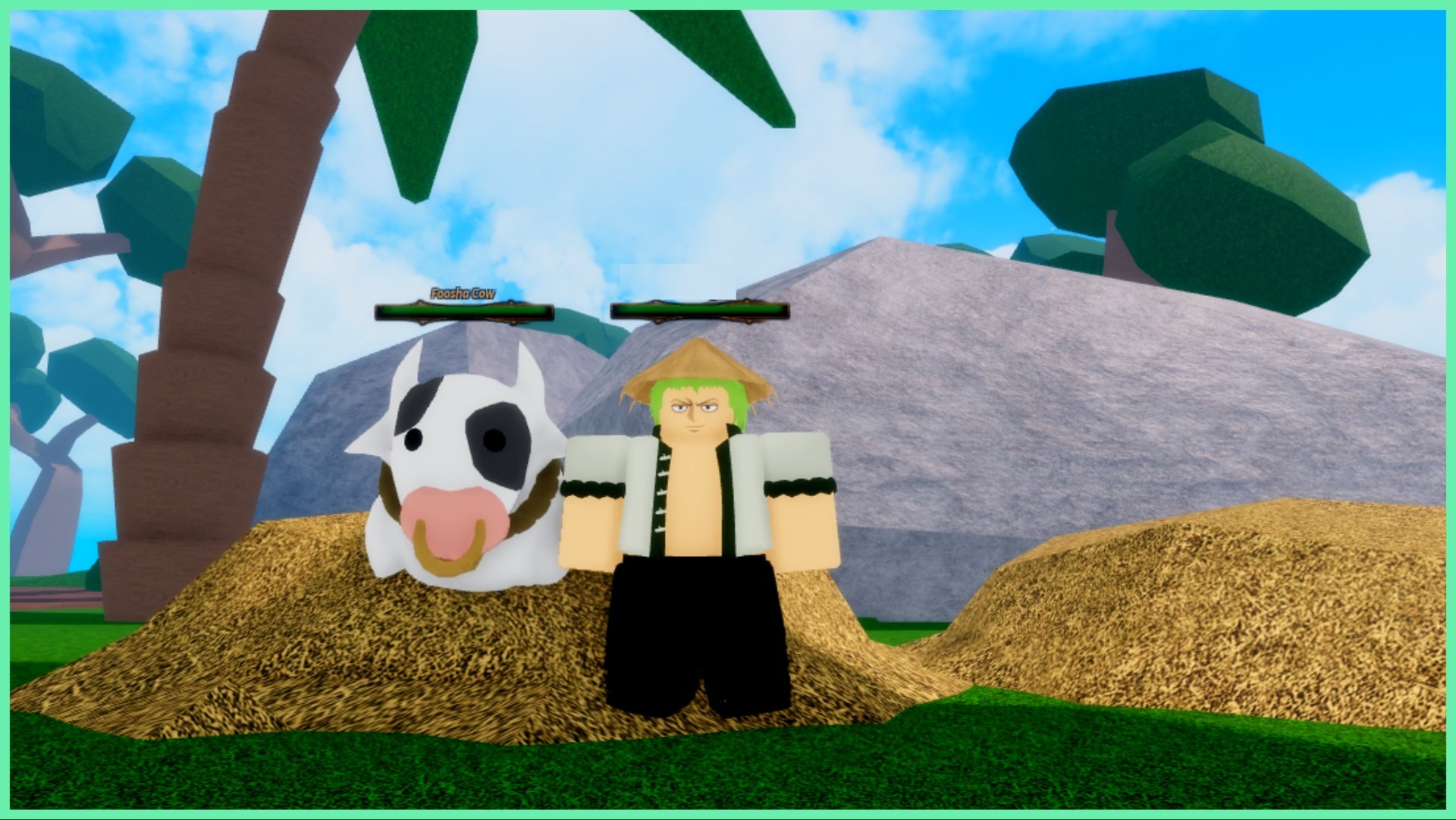 Feature image for our Legacy Piece Accessories guide showing a character cosplaying as Zoro stood next to one of the cattle cows of Fusha Island. Around them is various tan piles of hay, and behind them is a large grey rock and an an assortment of green tropical trees
