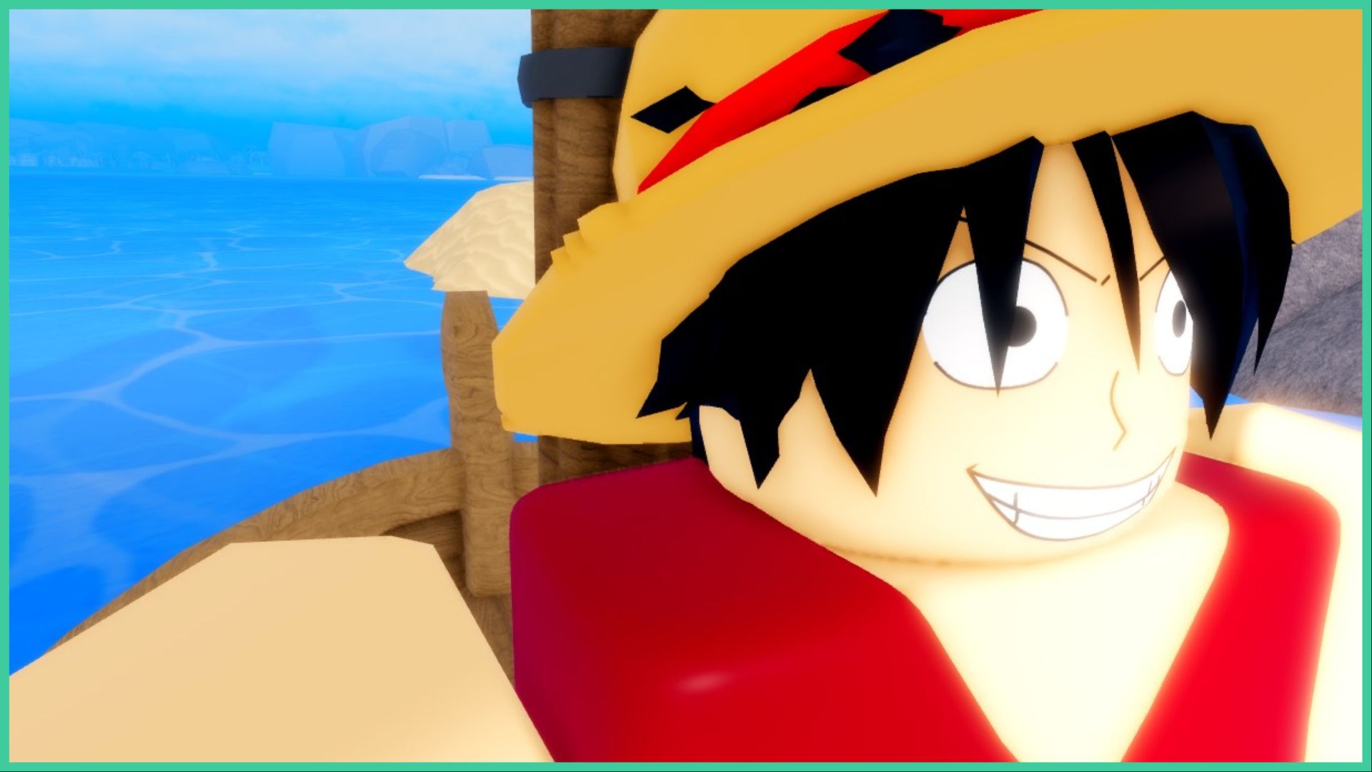 feature image for our legacy piece accessory tier list which is a screenshot of a roblox version of luffy from one piece as he smiles and wears his straw hat whilst standing on boat on the ocean