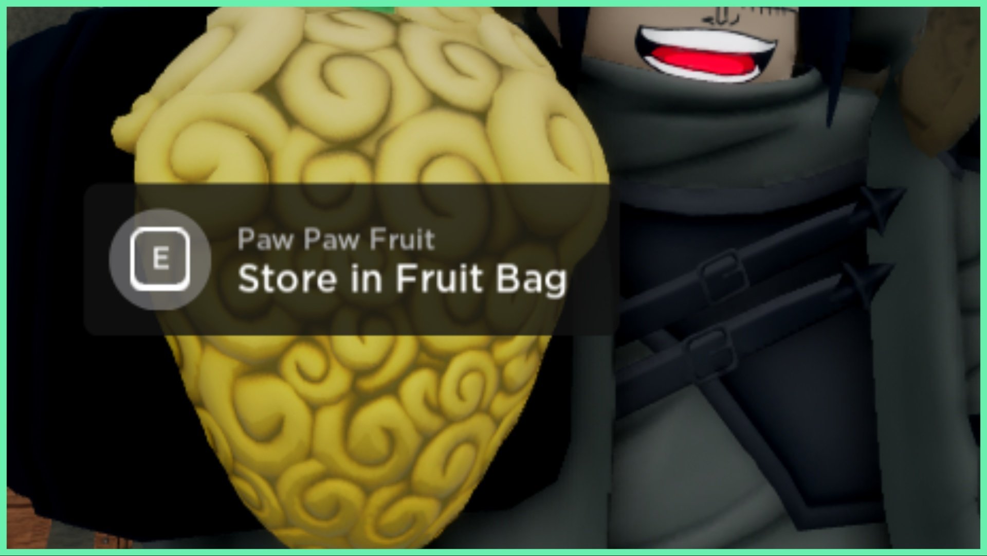 Feature image for our Legacy Piece Best Fruit Guide which shows an up close shot of a players hand holding my choice for the best fruit, the Paw Paw fruit. The fruit is yellow with multiple swirls on its exterior making an intricate pattern