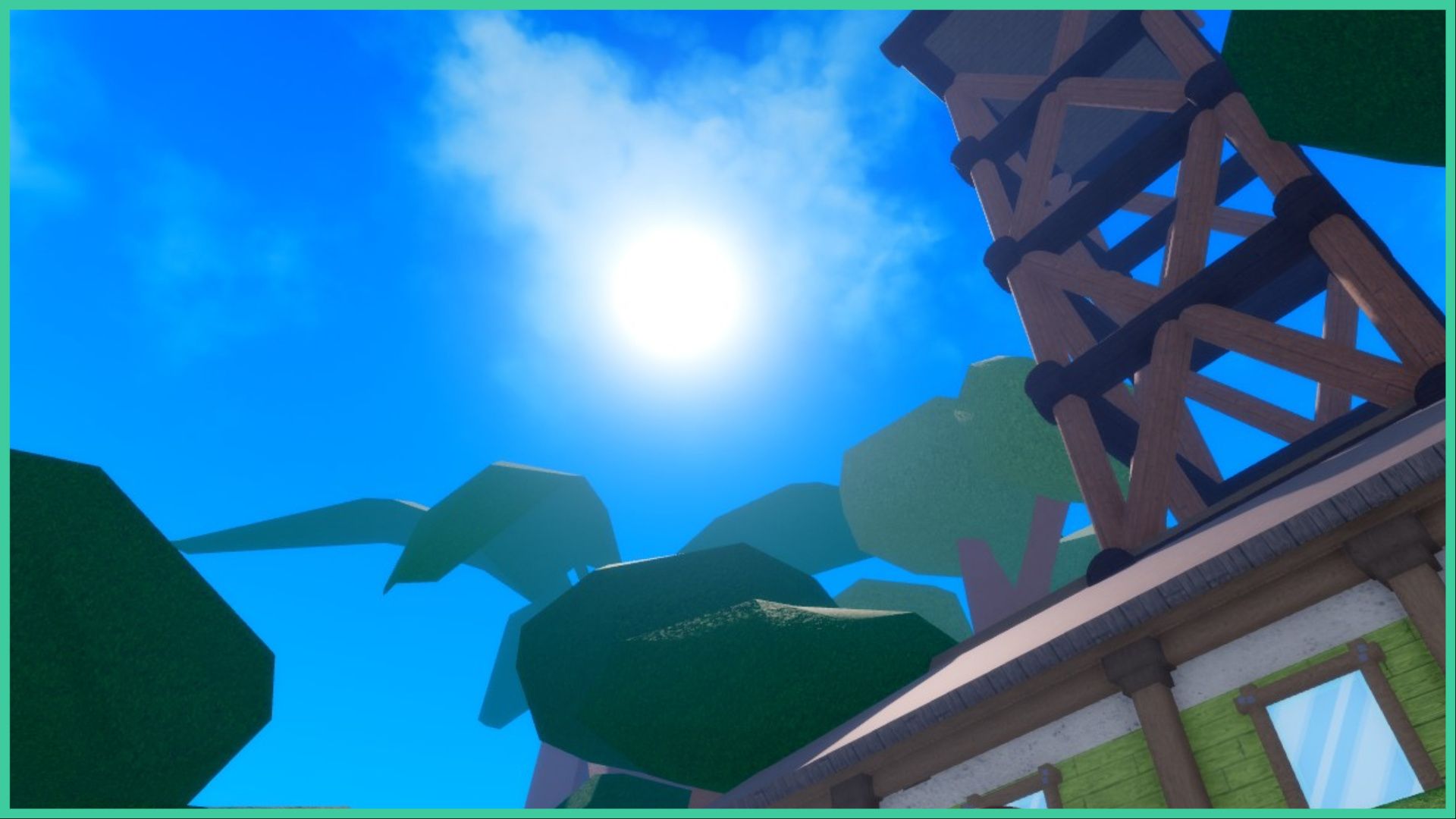 feature image for our legacy piece bosses guide, it shows the sky and the sun glowing in the middle as the player looks up, with minimal clouds in the blue sky, a wooden tower attached to a house, and a giant palm tree close by, as well as some bushy trees