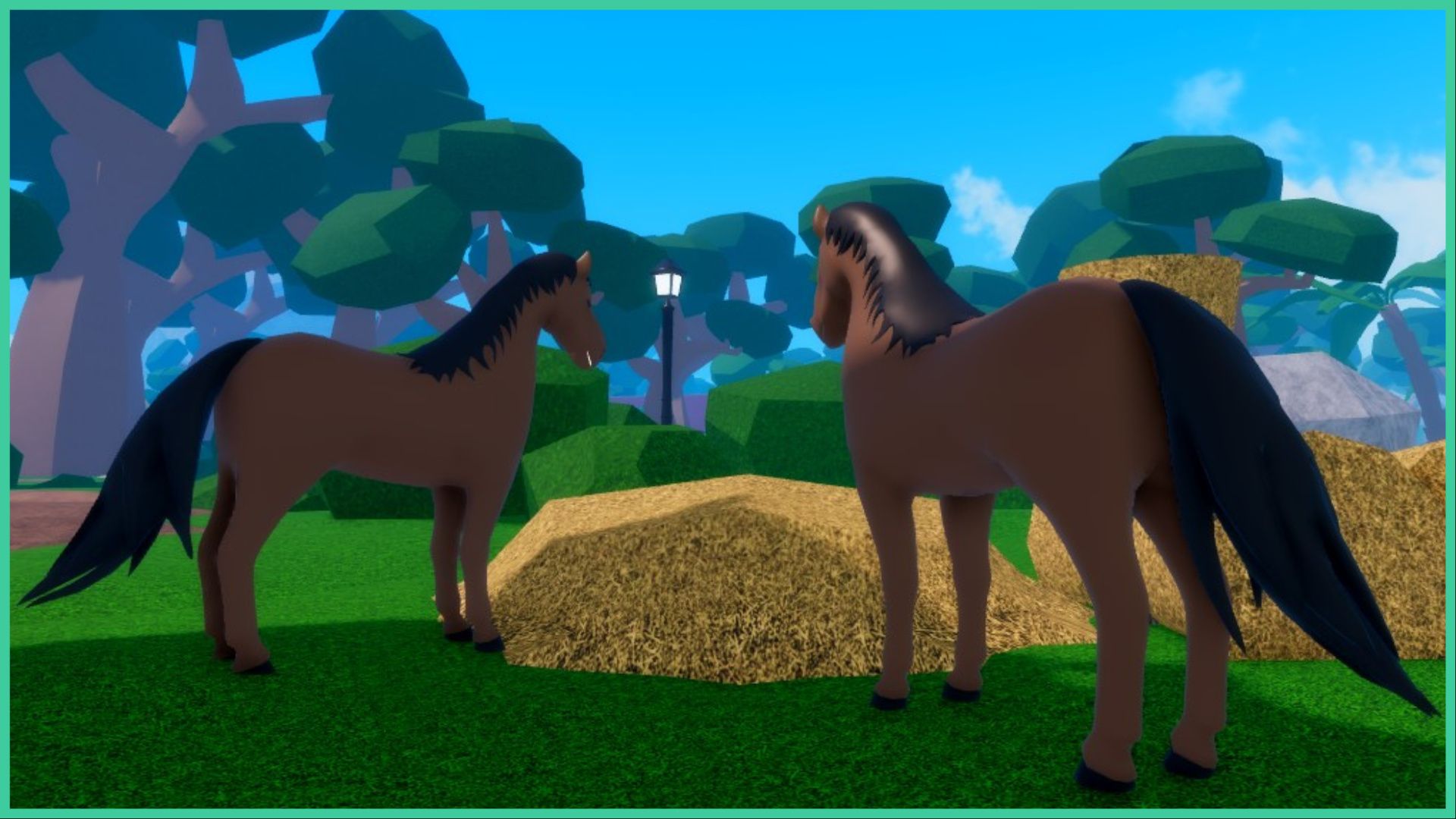 feature image for our legacy piece fighting styles guide, the screenshot is of two horses in the game by some hay on the grass, with trees in the distance and a streetlamp glowing in the middle