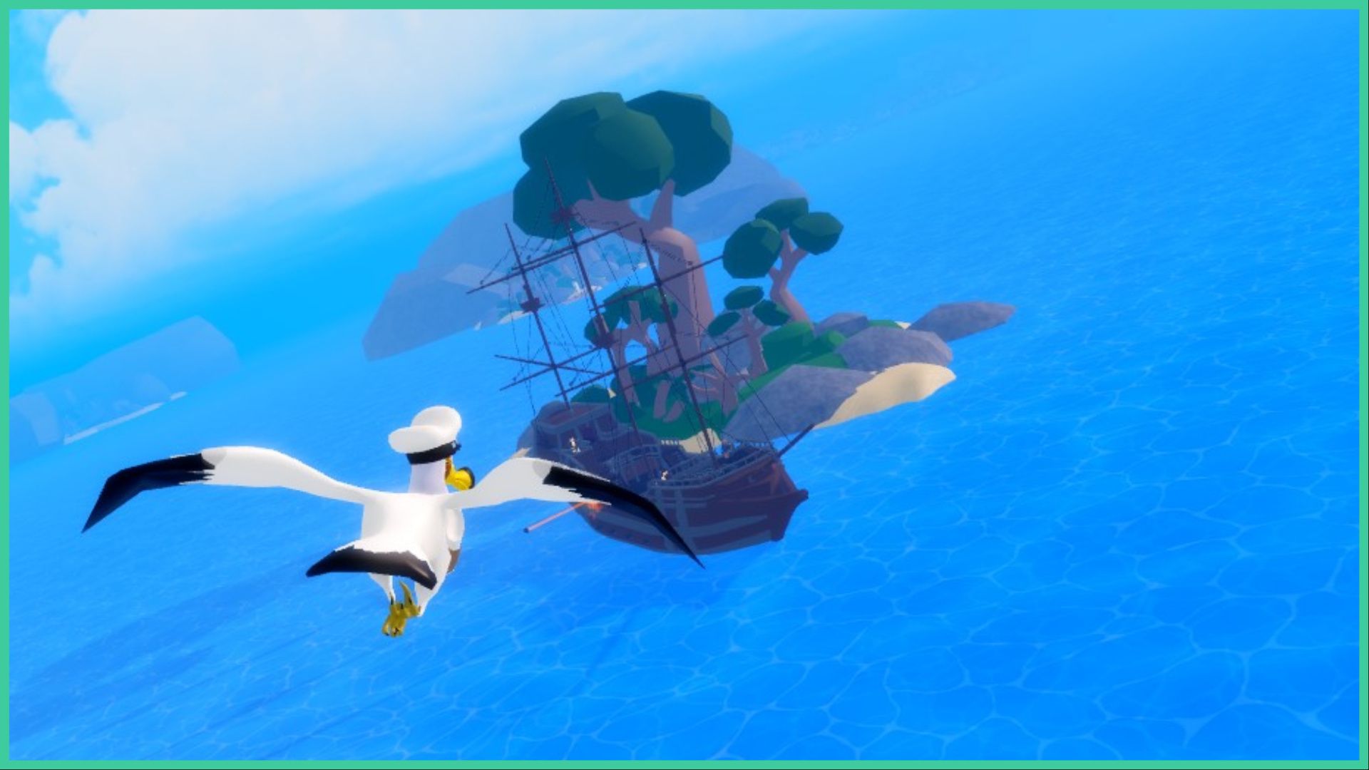 feature image for our legacy piece haki guide, the image is a screenshot from the cutscene when you load up the game of a bird with a sailors cap on as it flies towards a giant boat that's sailing past a small island with rocks, sand, and trees of various heights
