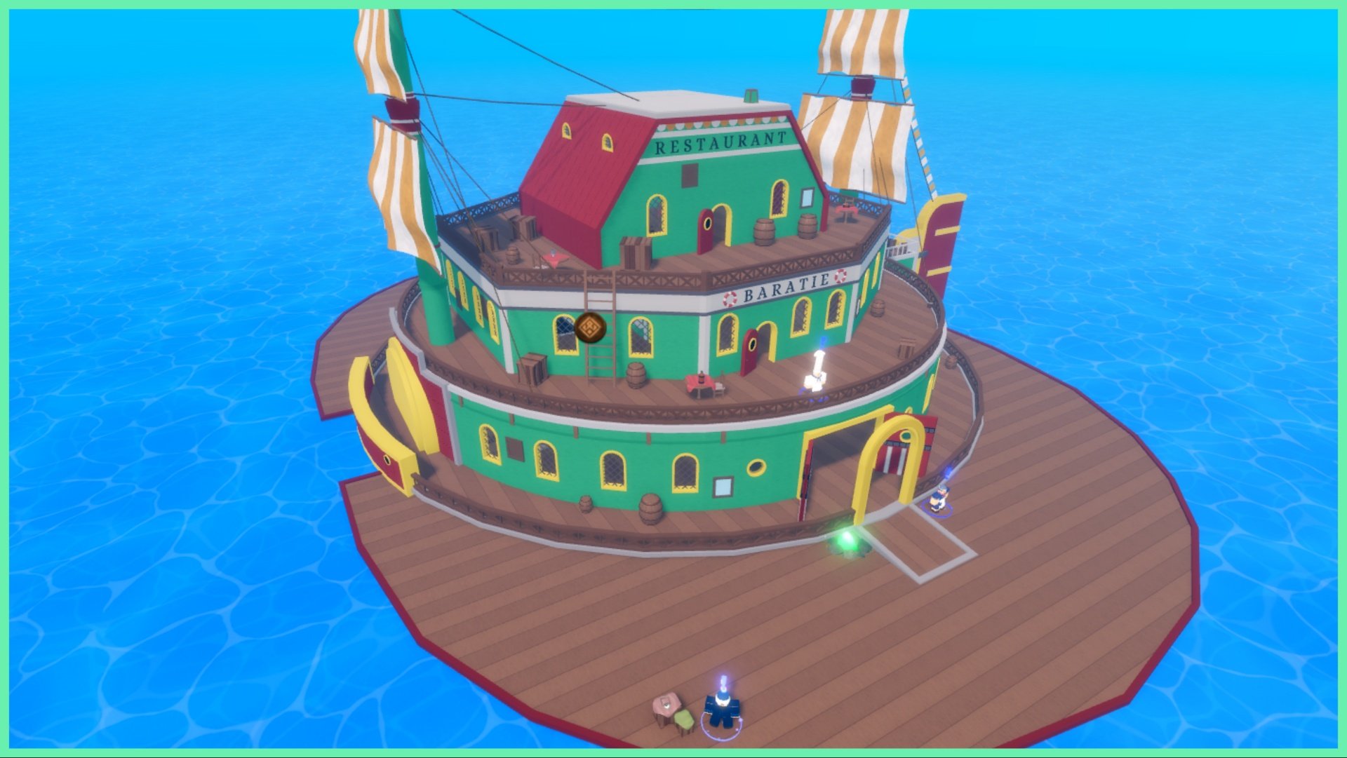 Feature image for our Legacy Piece Island Level Guide which shows the Baratie boat on open water within the game. The ship has a large wooden deck out front and stacked green circular buildings at the back.
