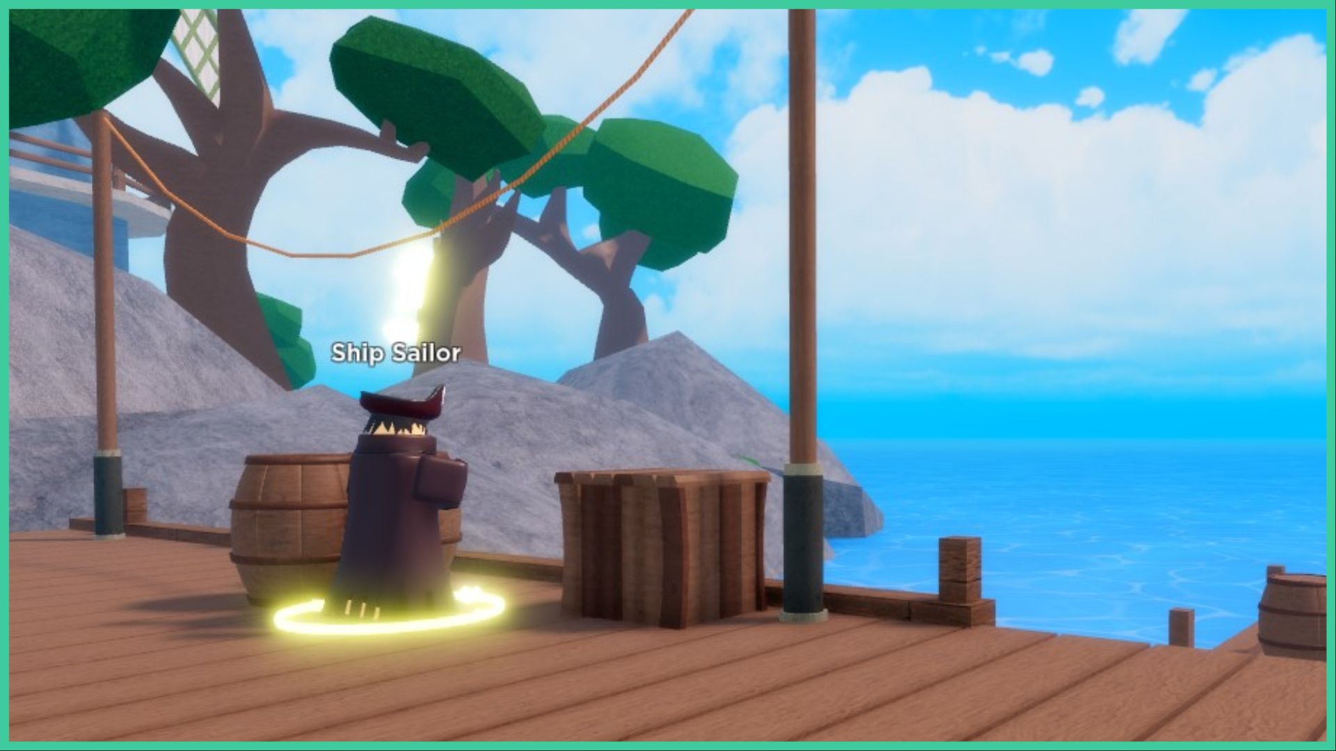 feature image for our legacy piece npc locations guide, it's a screenshot of the ship sailor NPC as he stands on the wooden dock, overlooking the ocean, with a blue lighthouse hidden behind some trees, the NPC has a golden circle around his feet and a golden exclamation mark above him, as he wears a pirate hat and long coat, standing next to a wooden crate and two barrels
