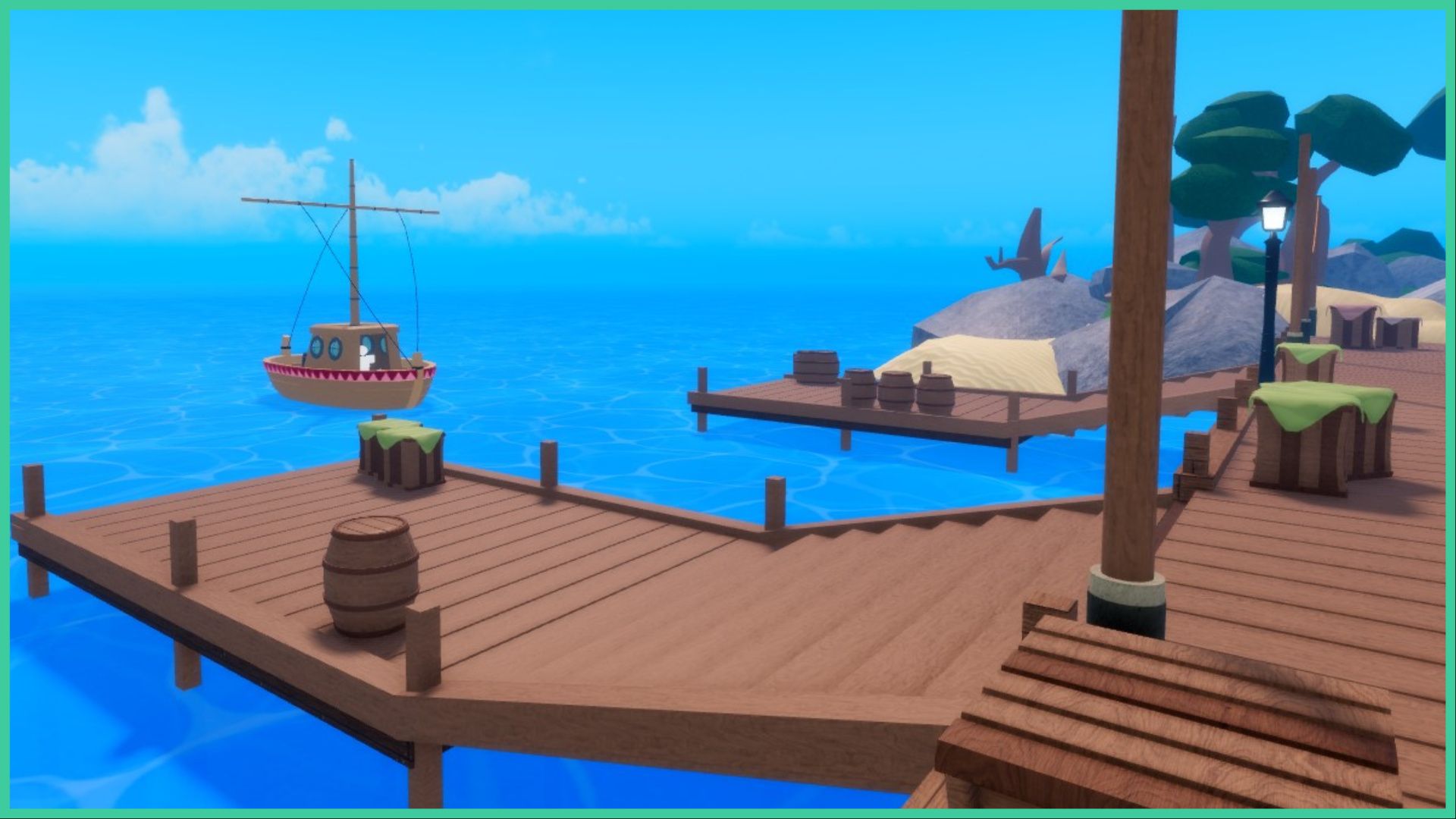 feature image for our legacy piece race tier list, the screenshot is of a boat sailing to the wooden dock, where there are wooden barrels, and crates, with a streetlamp on the dock to light the area up, the ocean water ripples under the dock and boat, with faint clouds in the sky in the distance, to the right of the image is sand and rocks, with trees