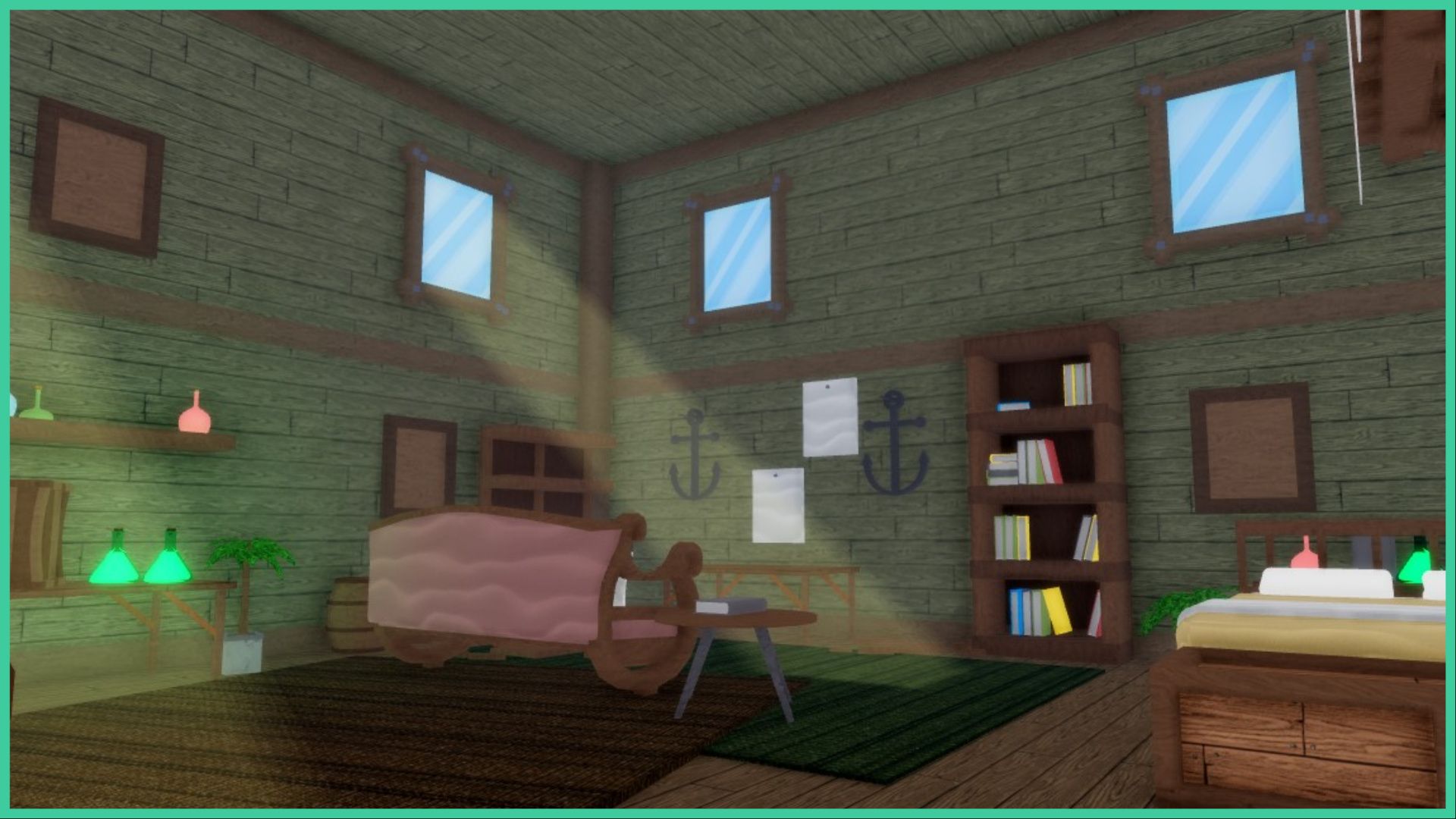 feature image for our legacy piece races guide, the image is a screenshot of the inside of one of the buildings in the game, with sun pouring in through the window to light up the living space where a sofa and table with a book stands, there's a bookshelf and a bed, with a shelf that has glowing potion bottles on it, there are also two metal anchors on the wall, and multiple square windows close to the ceiling