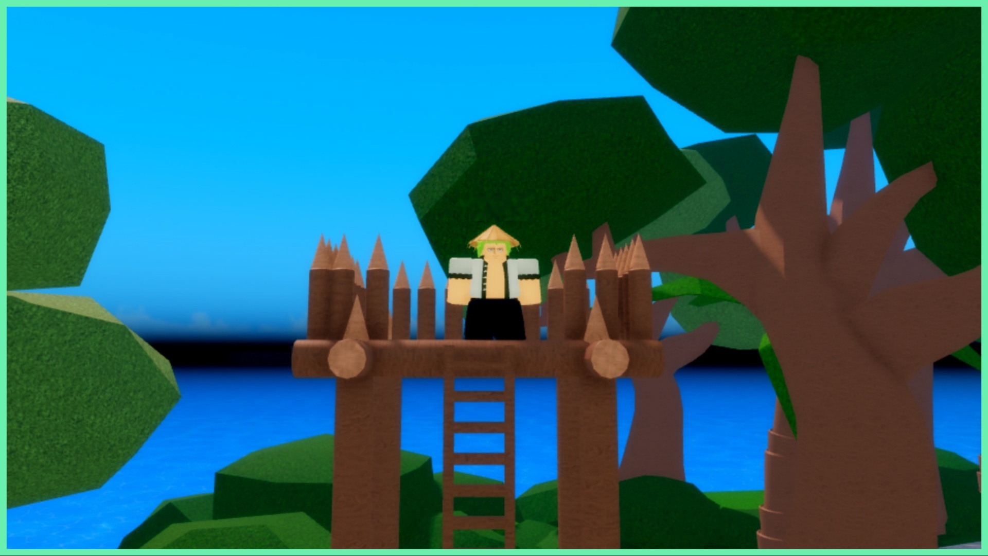 Feature image for our Legacy Piece Smoke Fruit Guide showing an avatar dressed vaguely as Zoro from One Piece stood atop a wooden overlook with wooden spiked pillar around the edges
