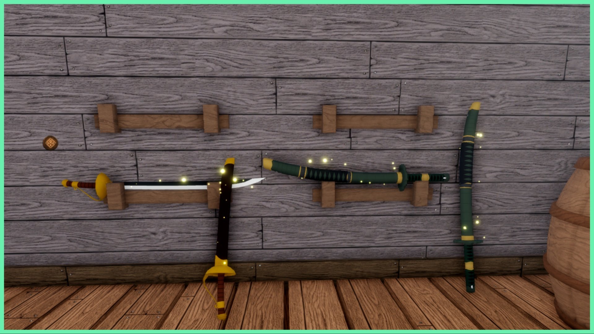 Feature image for our Legacy Piece Weapons Tier List which shows a bunch of weapons with a faint sparkle resting against a grey wooden wall. Some weapons are hung on shelving and to the far right the edge of a barrel can be seen.