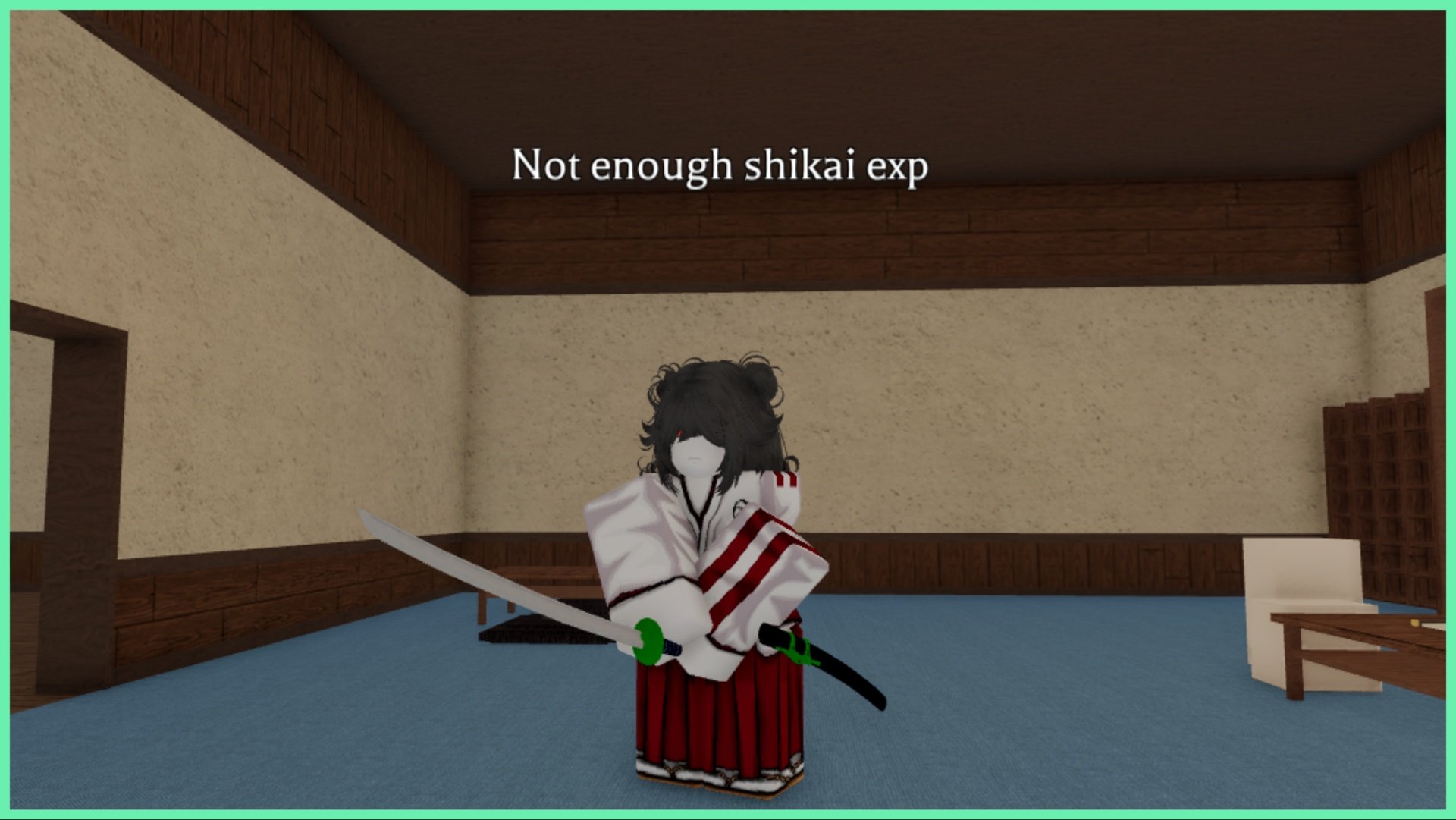 Feature image for our Not Enough Shikai EXP Type Soul guide featuring my avatar wielding her sword in front of her inside a dojo. Above her head is text reading "Not enough Shikai EXP"
