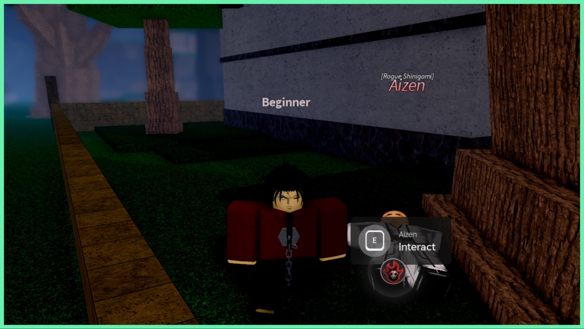 Feature image for our Project Mugetsu Best Race Guide which shows my avatar who wears a red dresshirt with black pants stood beside the NPC which turns a user into an arrancar. The NPC is wearing white and lay in the grass on his back against a tree