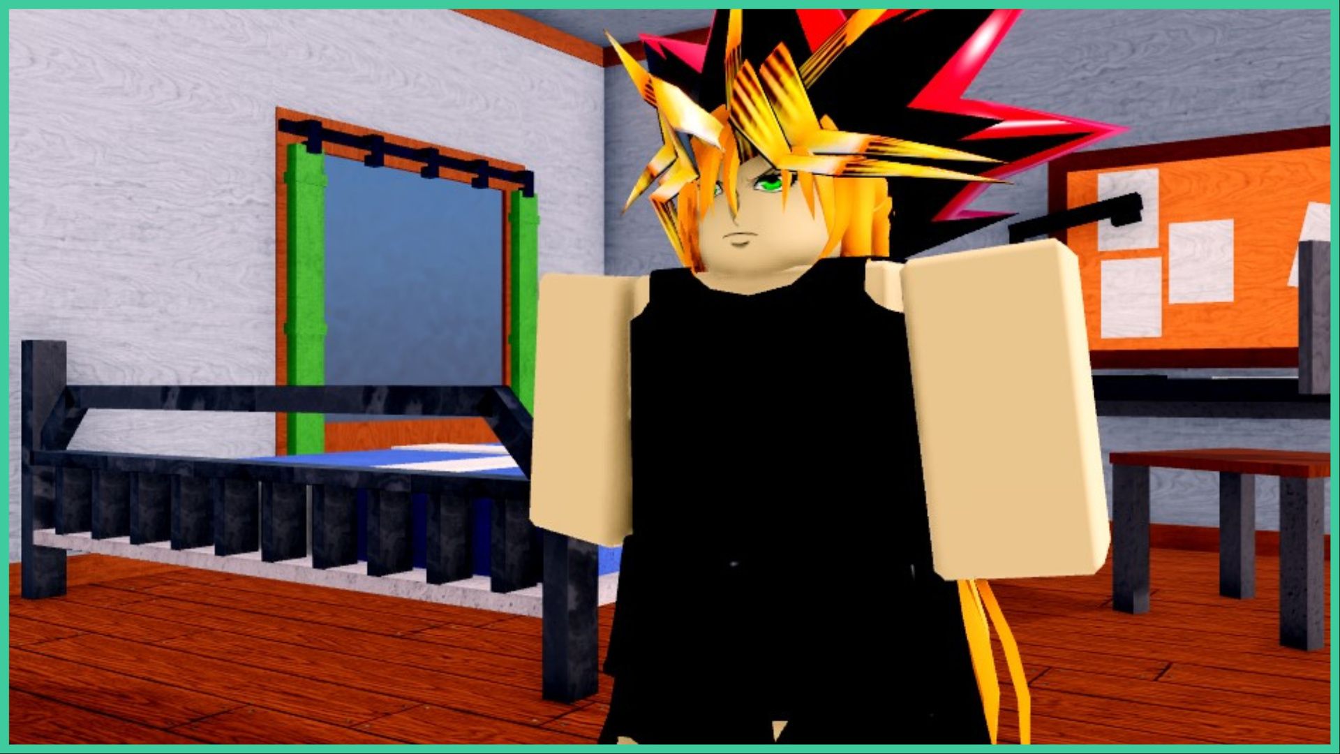 feature image for our project mugetsu clans guide, the image is a screenshot from the character customisation screen of a roblox character with long orange hair, with the top resembling yugi mutou's hair from the yu gi oh franchise, with neon green eyes and a stern expression on their face
