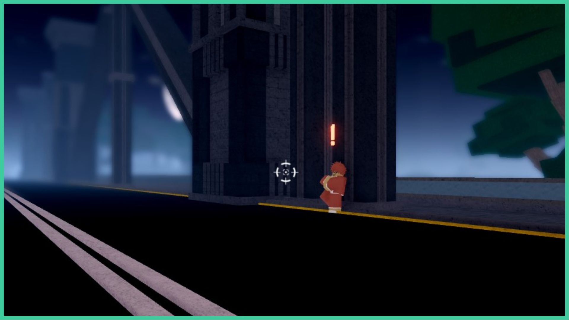 feature image for our project mugetsu gravitas guide, the image is of a character standing on a road bridge leaning against one of the pillars that support the bridge with his arms crossed and one foot up on the wall, he has an orange jumpsuit on with spikey orange hair and a glowing exclamation mark above his head, you can see a part of the moon in the distance