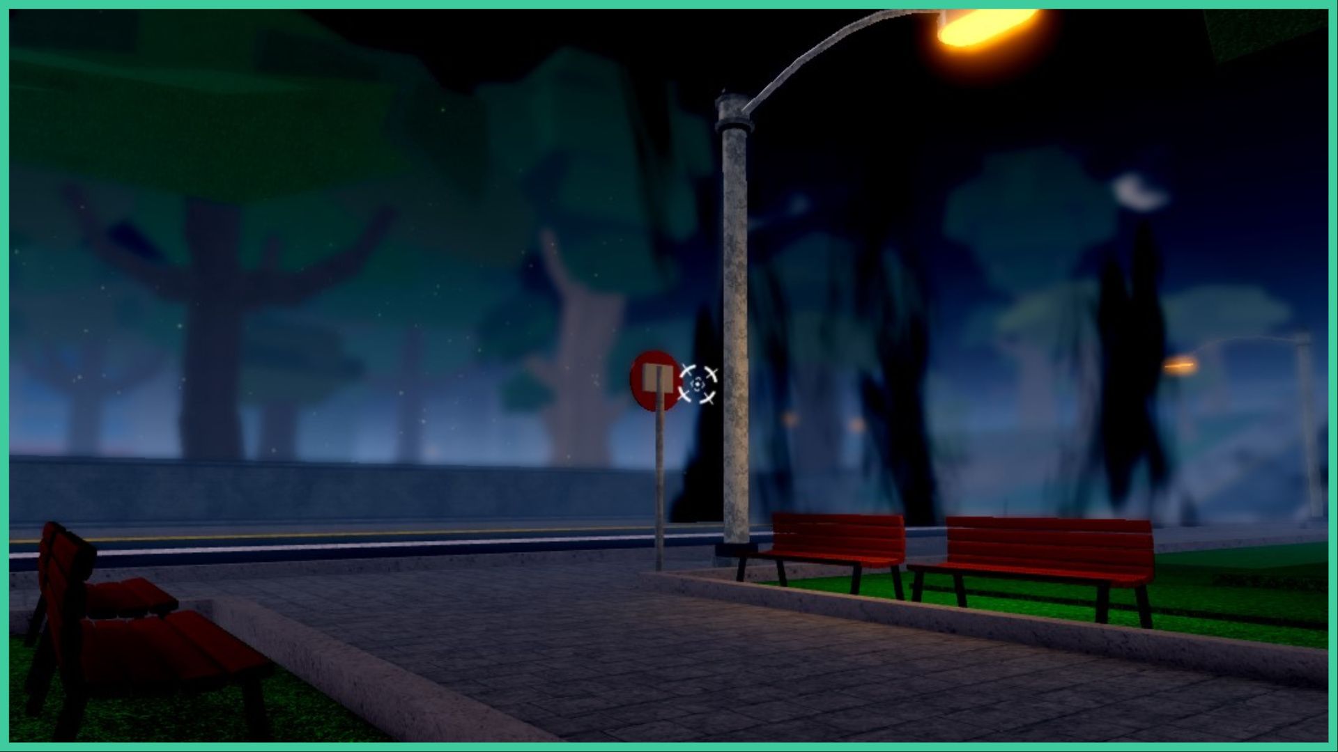 feature image for our project mugetsu hogyoku guide, there are benches on either side of the pavement on the grass, with a lamp post and stop sign next to the road, dark shadows raise up from the road to the right as speckles of dust float across the street
