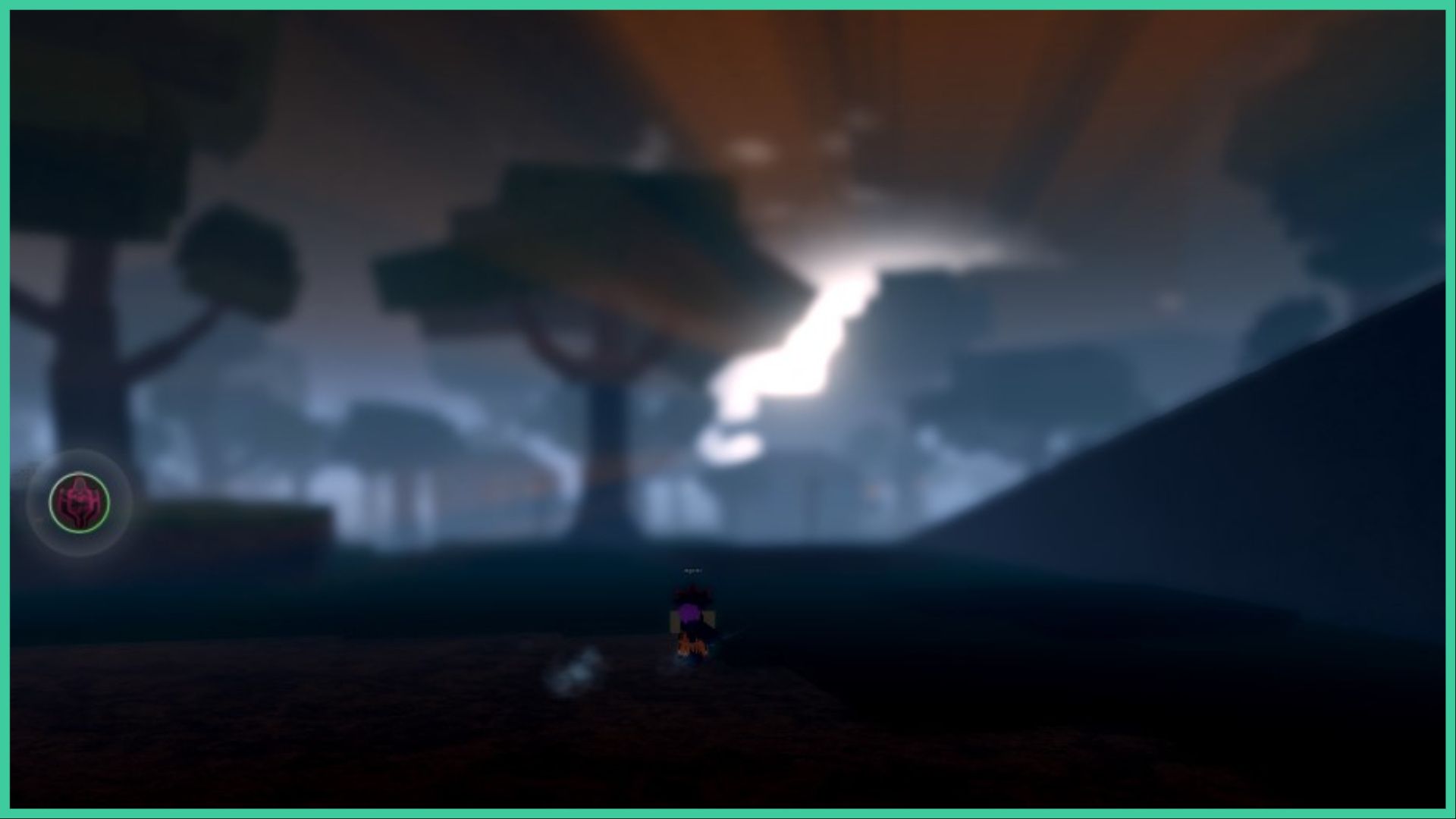 feature image for our project mugetsu shikai guide, it's a screenshot of the sunset as the beams of light shine above the silhouttes of trees in the distance, and two robox characters taking part in a battle on the dirt by the grass