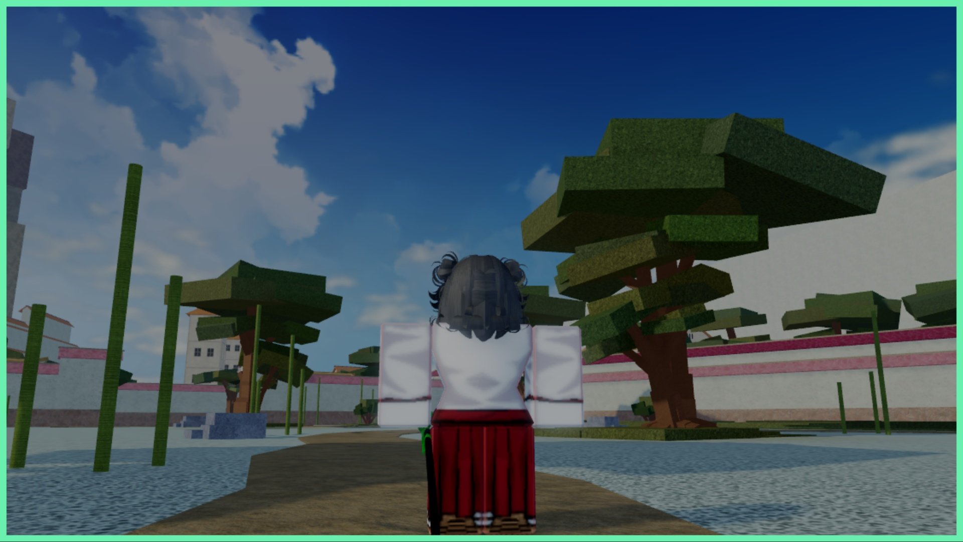Feature image for our Red Elixir Type Soul Guide showing the back of my trainee shinigami user who wears a white shirt with red pants. She has a katana equipped to her waist and is overlooking a zen garden with bamboo poles, a small pond and trees.
