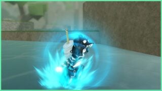rogue ninja image shows my avatar in a fast paced stance with light blue shard like aura surrounding her as she skips across the water surface