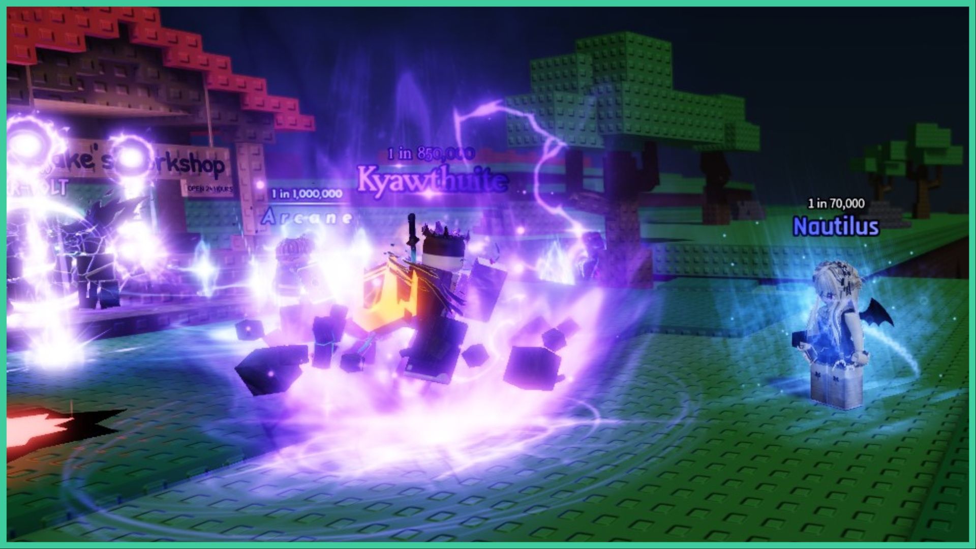 feature image for our sols rng gravitational device guide, the image is a screenshot from the main area of the game next to jake's workshop stall, as players are equipped with glowing auras with electric orbs and electric bolts