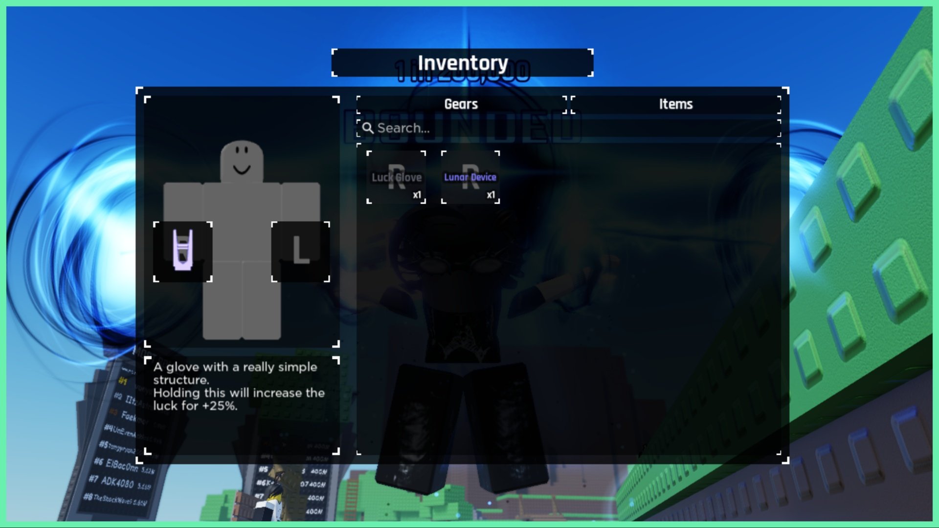 Feature image for our Sols RNG Left Hand Guide which shows the new inventory interface with a greyed out noob avatar on the left with two open slots for where a gauntlet may be equipped. On the right of the silhouette is two gauntlets in the storage of the user