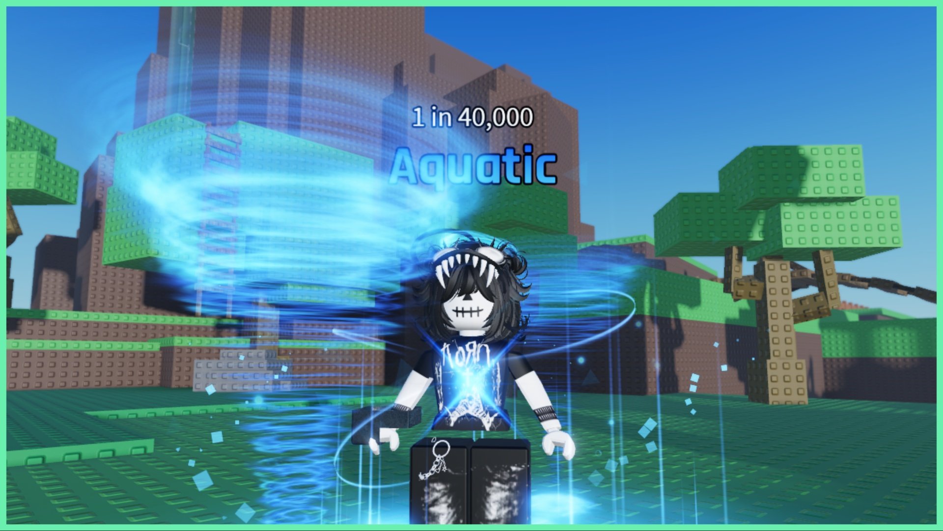 The image shows my avatar during the daytime on the main island of sols rng which is full of greenery and distant cliffs. My avatar has the aquatic aura which is two wirlpools of blue water which dances around her in a circle