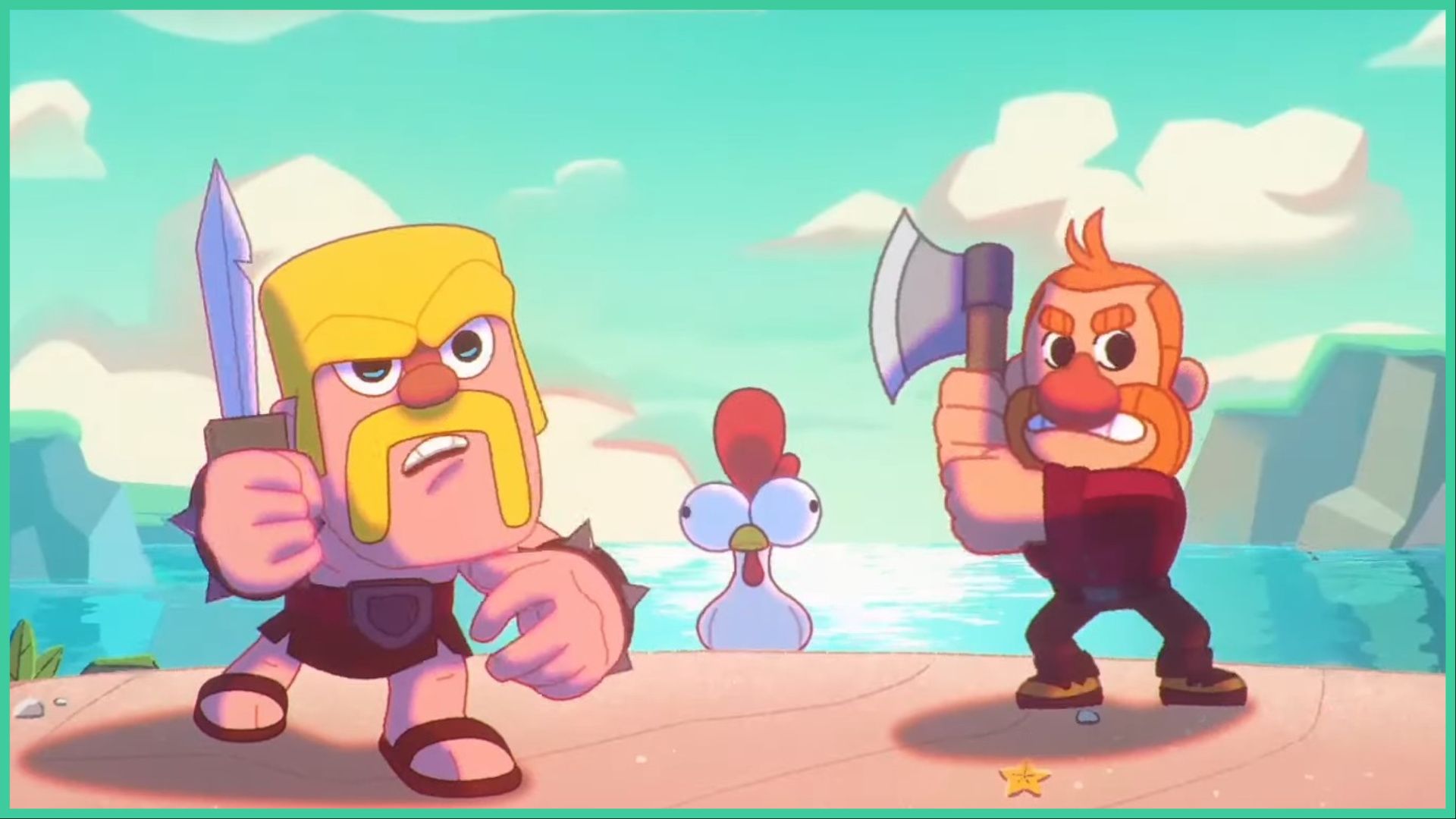 feature image for our squad busters tier list, the image is a screenshot from the game's launch trailer, with the units greg and the barbarian standing on beach sand with the ocean behind them, as the barbarian holds a sword and has a confused expression on his face, while greg holds an axe up while gritting his teeth, there is a chicken with huge eyes behind them, with a rock on the sand, a starfish, and some seaweed, there are cliffs in the distance within the water