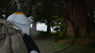 third-person screenshot of a roblox character with a sack on their back as they walk through a forest with tall trees and bushy branches, they are holding a torch that is lighting the path ahead slightly