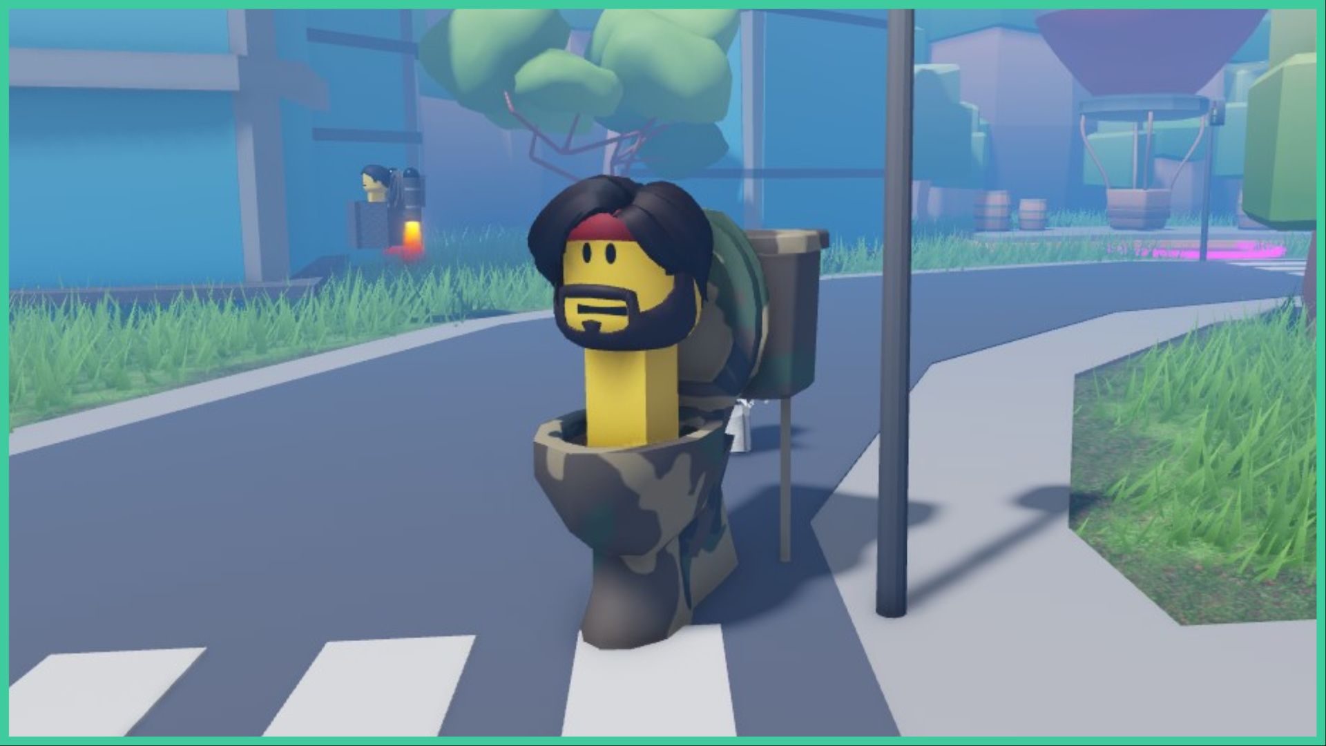 feature image for our toilet rng codes guide, the image is a screenshot of a bearded head with a long neck coming out of a toilet bowl that has a camo print on it in the middle of a road, there is also a head coming out of a toilet in the background that has a jet pack on the back