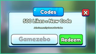 screenshot of the code redemption box in toilet rng, with a text box that has gamezebo written inside and a green redeem button next to it, there is text above the box that says '500 likes equals new code'