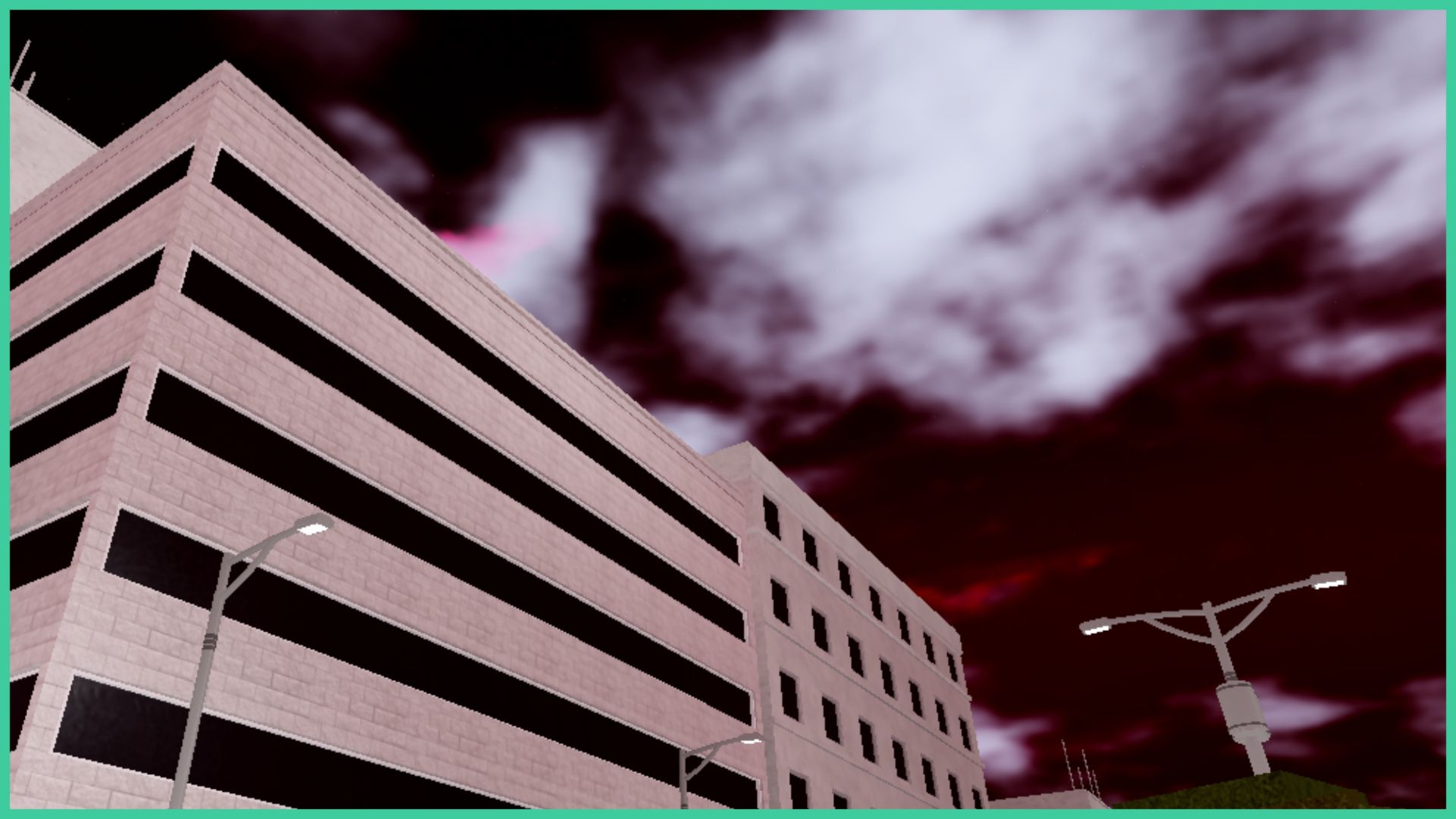 feature image for our type soul arrancar weapon tier list, the image features a screenshot of a crimson sky with clouds with large office buildings and street lamps