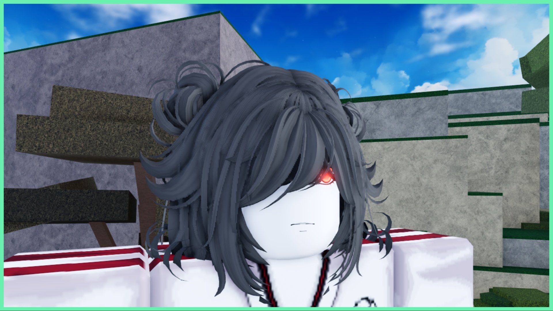 The image shows my avatar up close. She has pale white skin and a glowing red eye beneath grey bangs. Behind her is a rocky hill face littered with grass
