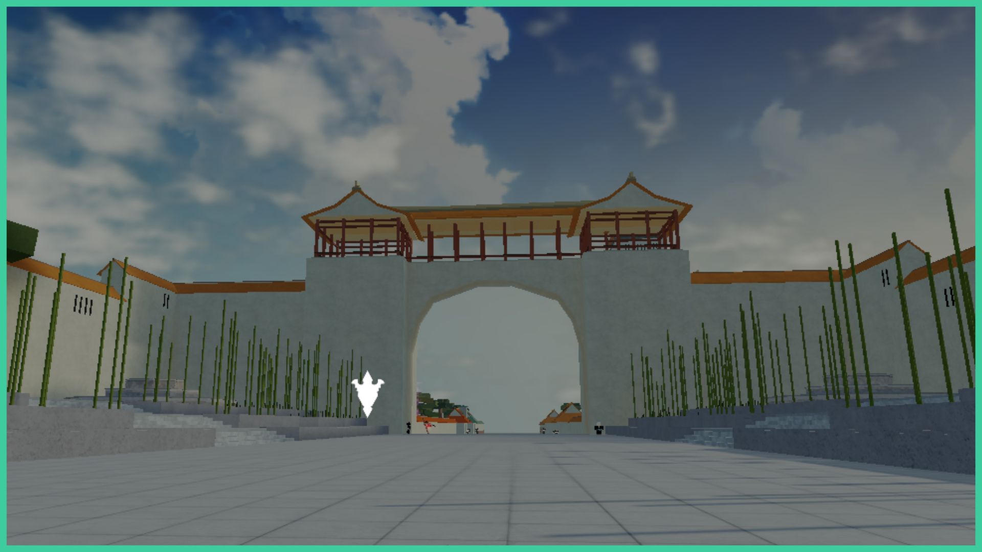 feature image for our type soul clans guide, it's a screenshot of soul society, and the archway entrance with 2 balconies at the top covered by a roof, there are shoots of bamboo on either side of the walkway, with steps leading up to a higher platform on both sides, the sky is full of clouds