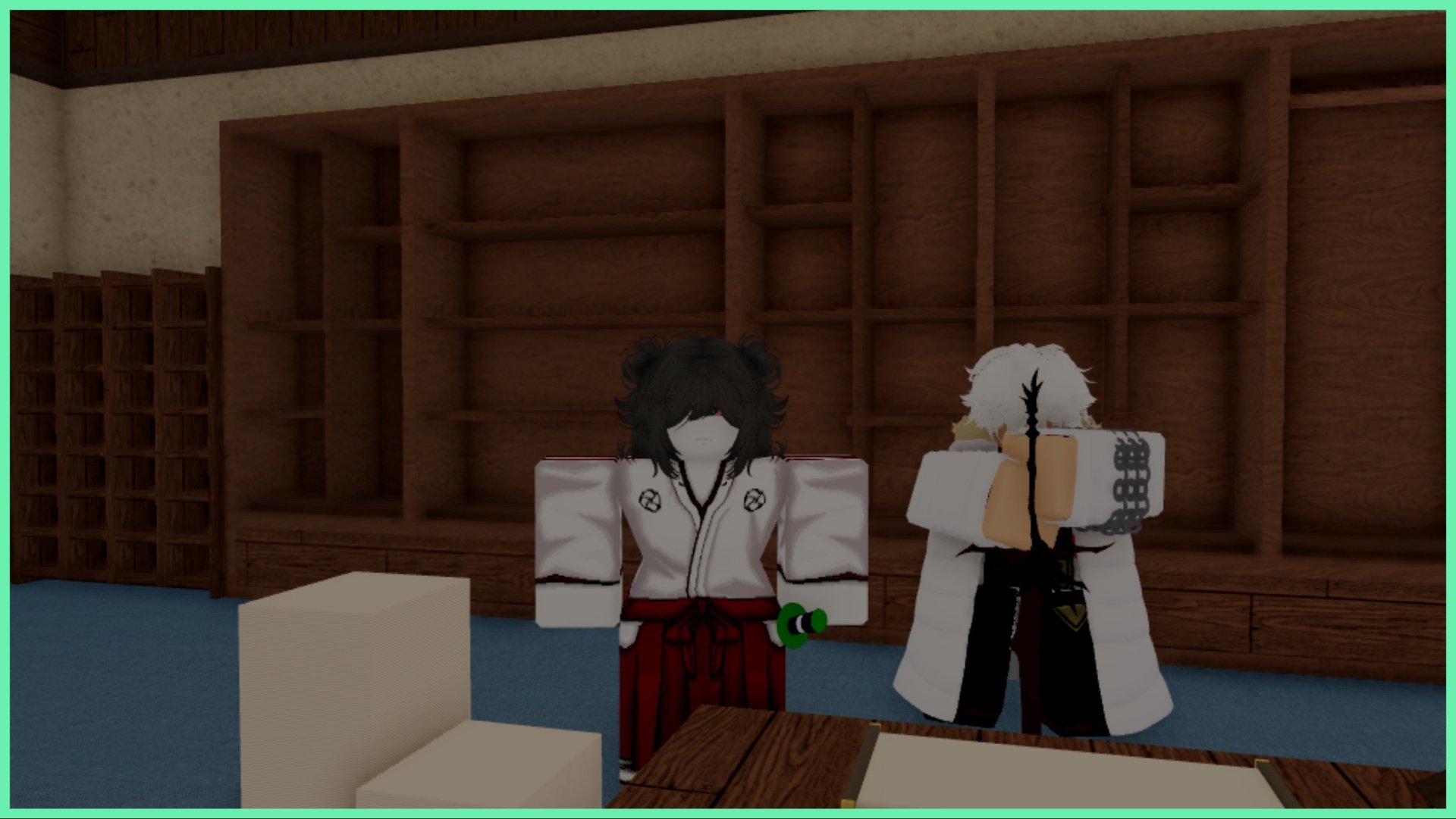 Feature image for our Type Soul Divisions guide shows my avatar who has short grey hair stood beside a division captain who is holding a downturned black sword. Behind both characters is an empty wooden bookshelf flush against a white wall.