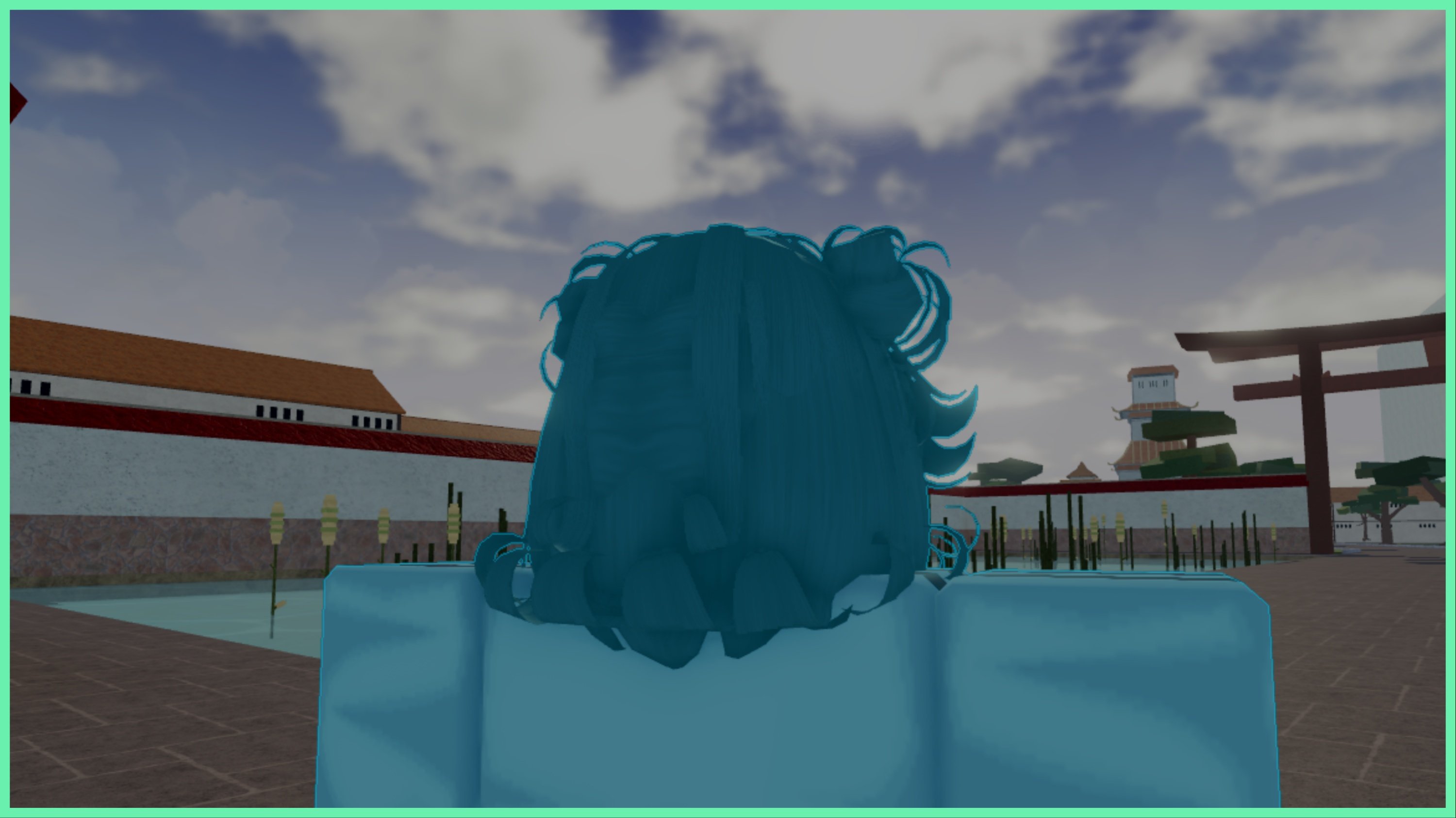 The image shows the back of my avatars head who has short black hair in messy locks. She has a blue overcasting aura surrounding her entire body and is standing in a hub for shikigamis. In the distance is a large white wall with connecting buildings just beneath the sunset skyline