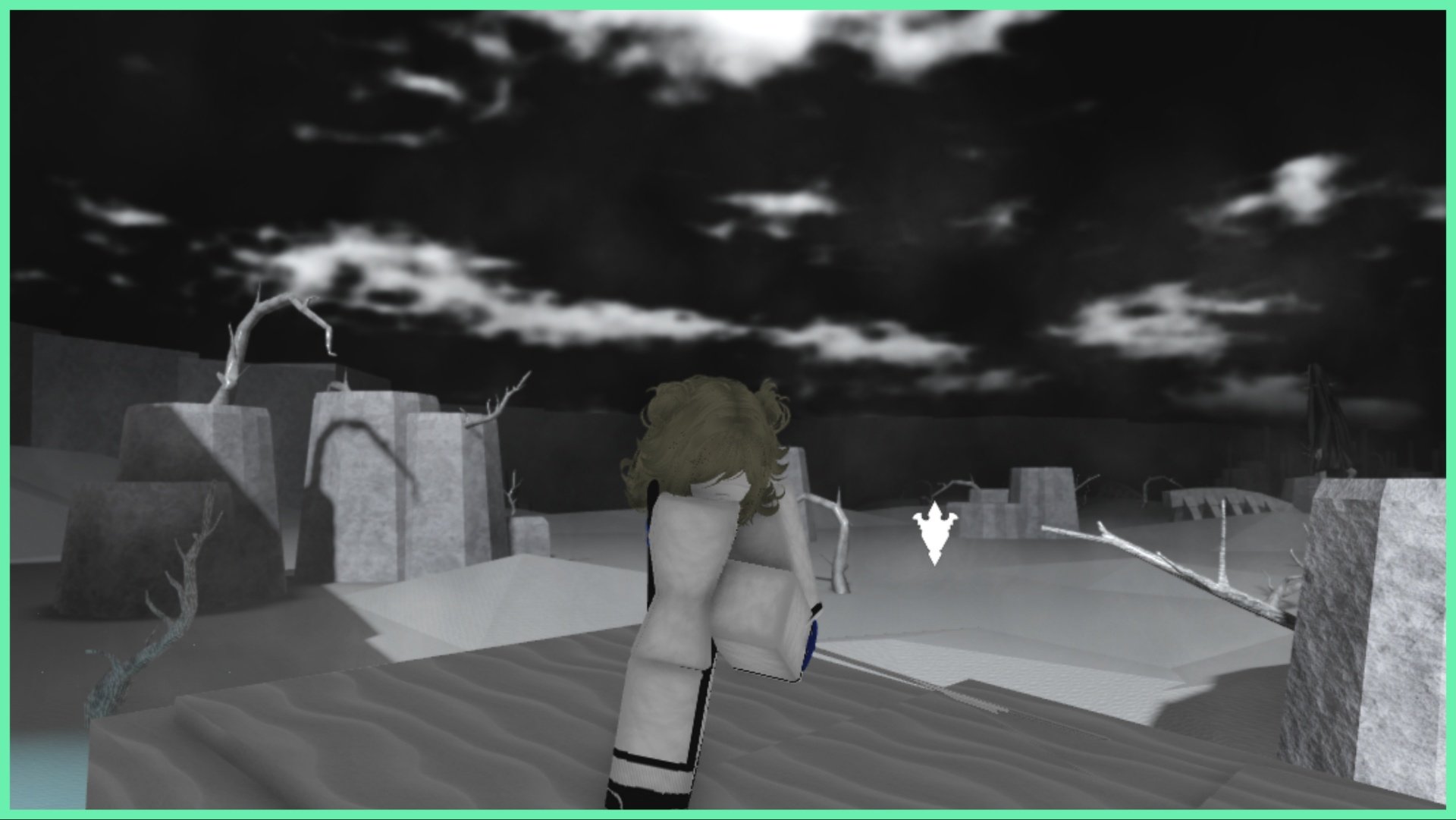 feature image for our type soul hollow weapon tier list which shows my arrancar avatar in hueco mundo - the monocromatic area with a black sky. she is wielding her katana and slashing it towards the viewer