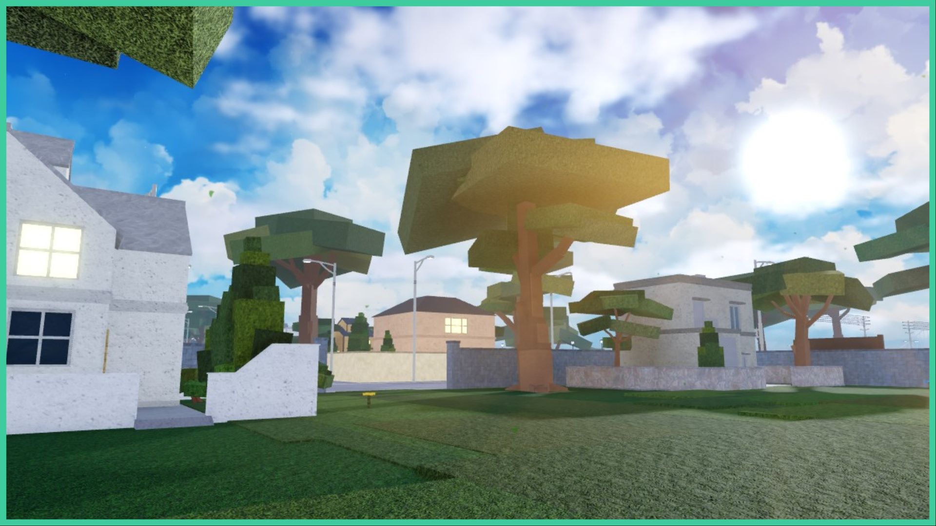 feature image for our type soul ink bankai guide, it's a screenshot of a housing area, with trees sprinkled throughout, multiple houses, with large patches of grass for gardens and a single flower, the clouds in the sky are drifting past as the large sun shines through them, there are street lamps dotted around the road