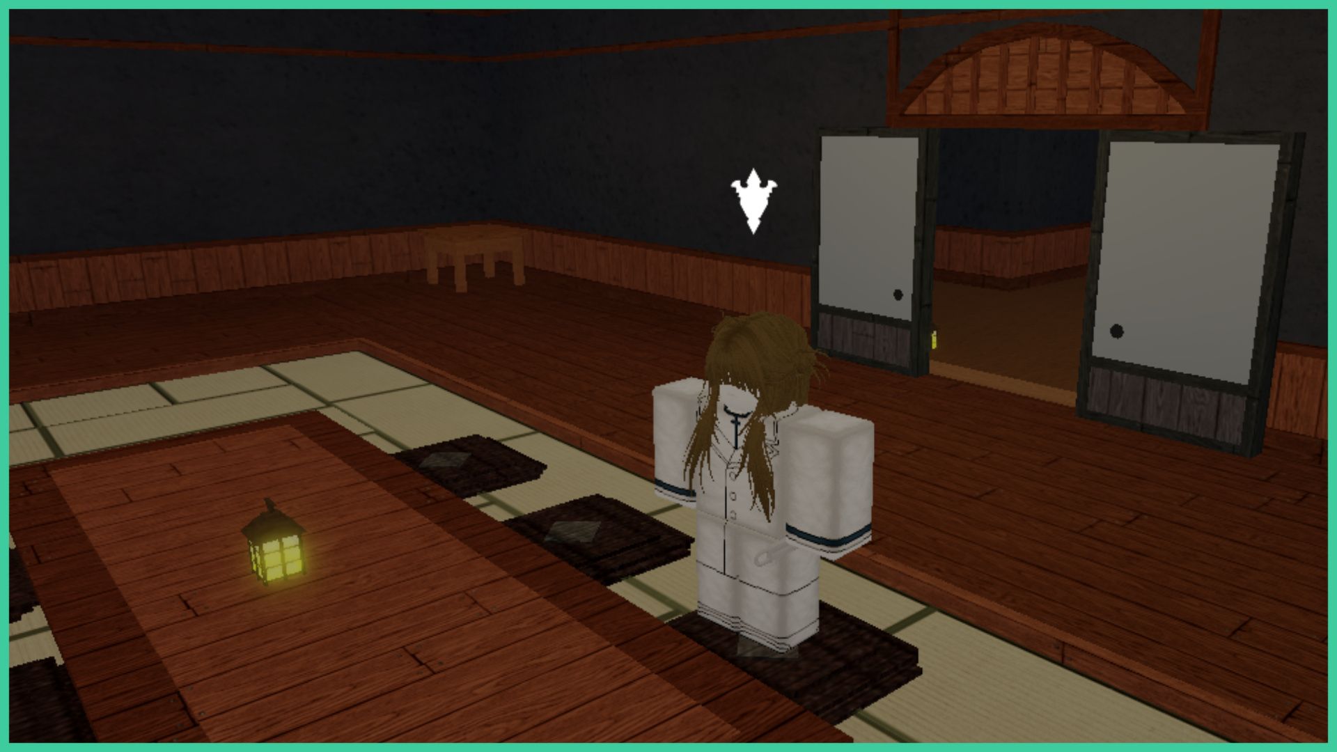 feature image for our type soul letzt stil guide, the image is a screenshot from inside a building, with a long table with a light in the middle, as well as cushions on the floor on the tatami mat where a roblox player is standing, there are sliding doors that lead to a corridor