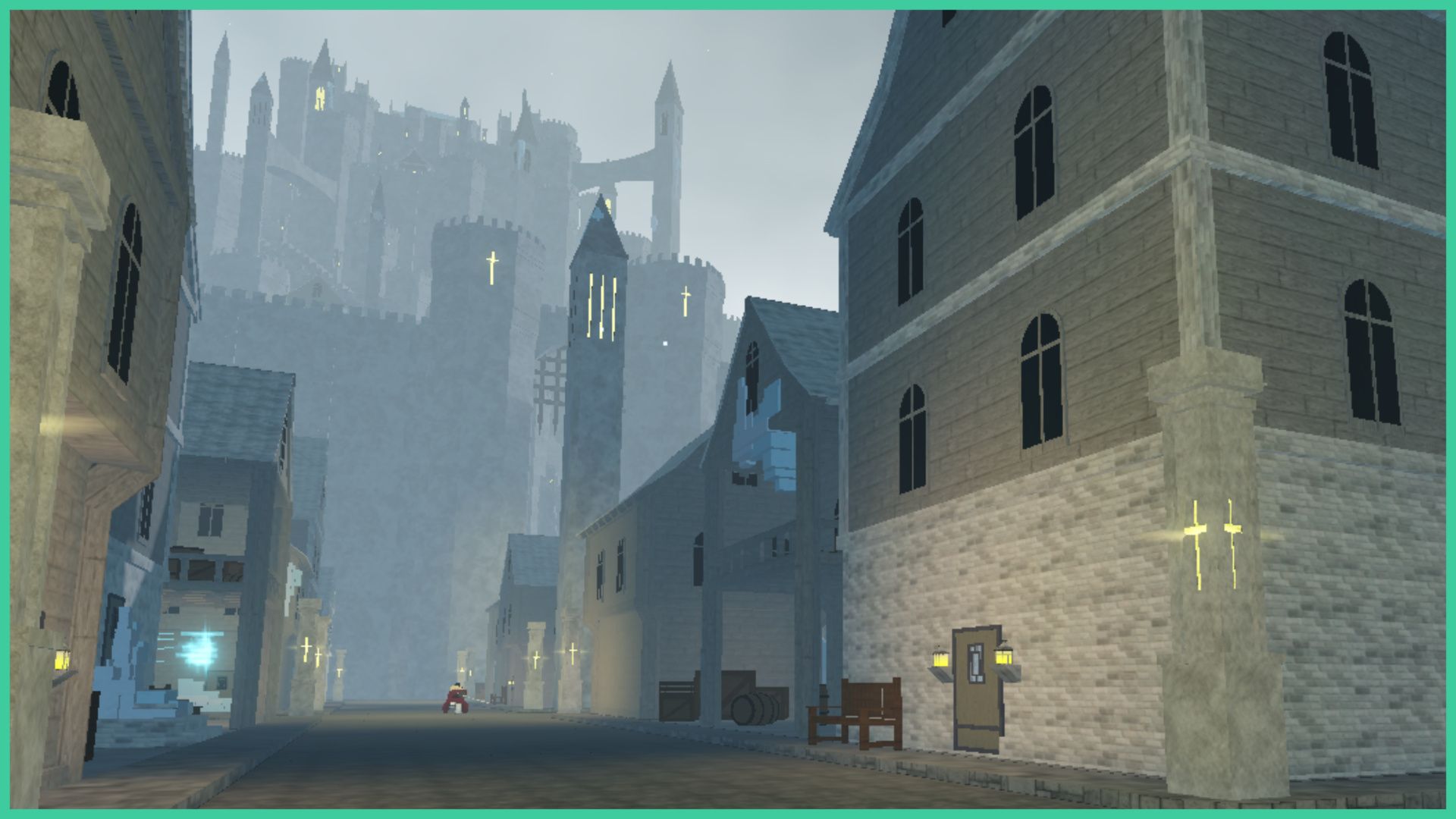 feature image for our type soul quincy accessories guide, the image is a screenshot from the spawn point of wandenreich, as mist covers the tall castle in the distance, and the rest of the town stands quietly , with glowing crosses adorning some of the pillars, there are wooden barrels and a wooden bench on the pavement