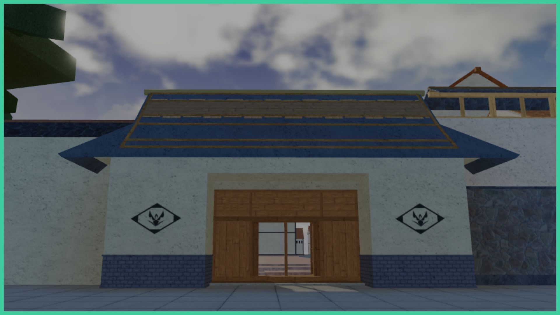feature image for our type soul race tier list, the screenshot is of a doorway with traditional roofing, there is a wall separating the two areas of the town, with the gateway entrance having a wooden doorway, the sun is setting in the sky with clouds floating around, and the top of a tree to the left of the doorway behind the wall