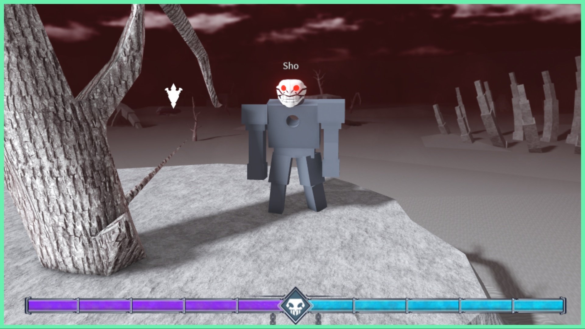 The image shows my avatar as a blue hollow with red glowing eyes. The sky behind is tinted red with a strange white outline emblem in the far distance to signal a hostile entity. The surrounding scenery is barren in all shades of white and black
