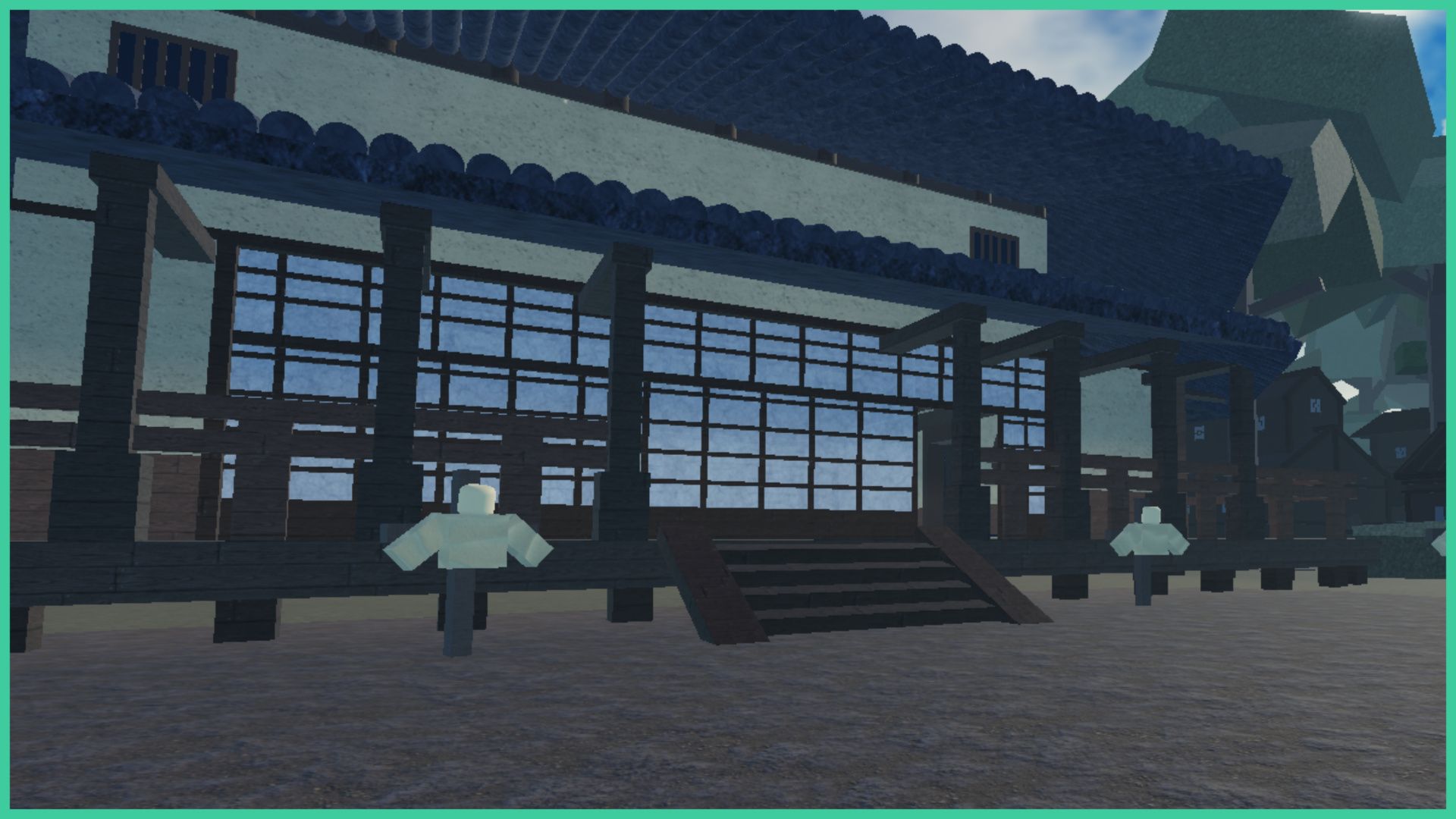 feature image for our type soul semi grade 1 guide, it's a screenshot of a traditional style dojo with wooden steps that leads up to sliding doors, there are dummies outside to use as target practice, as well as trees to the right of the building