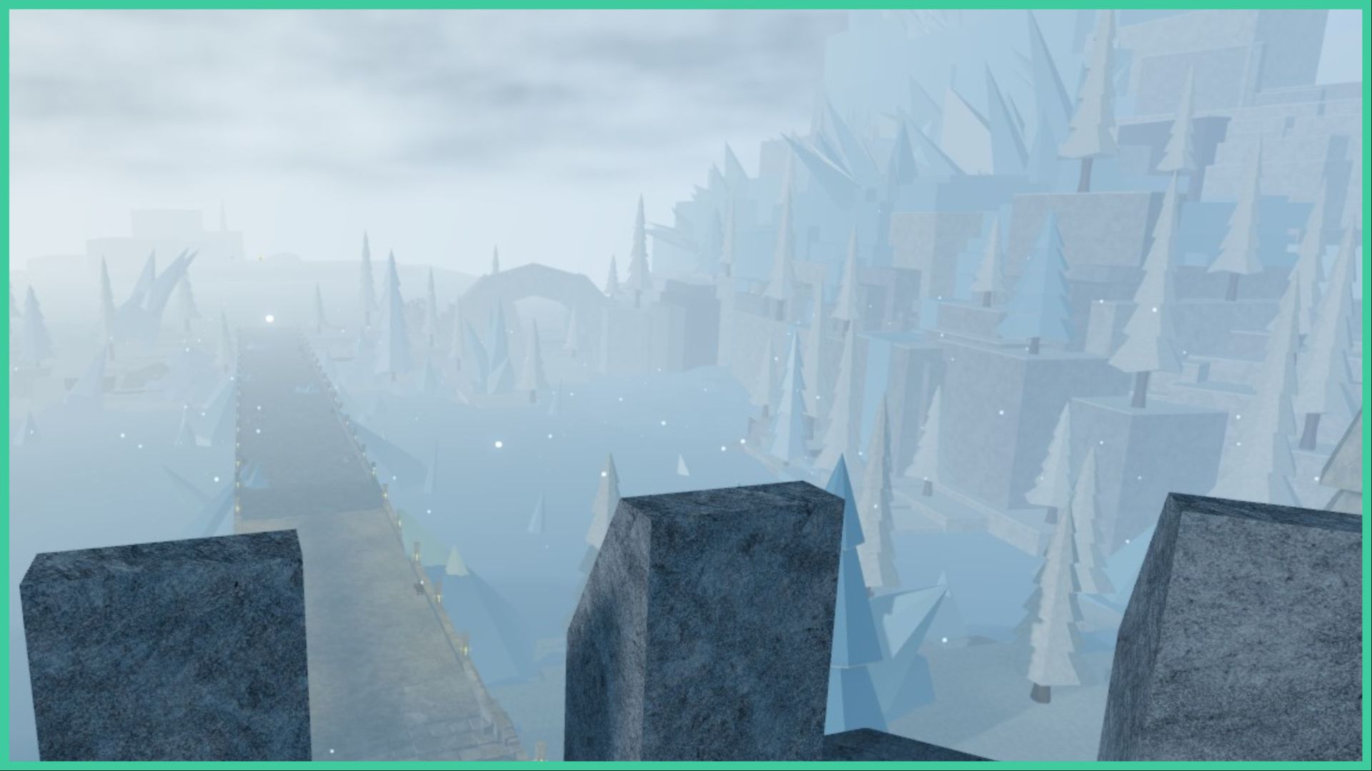screenshot from the top of one of the walls in wandenreich, which overlooks the frosty forest outside of the city, with giant sharp icicles forming on the cliffs, alongside multiple trees coated in snow, there is a stone bridge that stretches out across the forest, with an archway to the right of it amongst some more trees