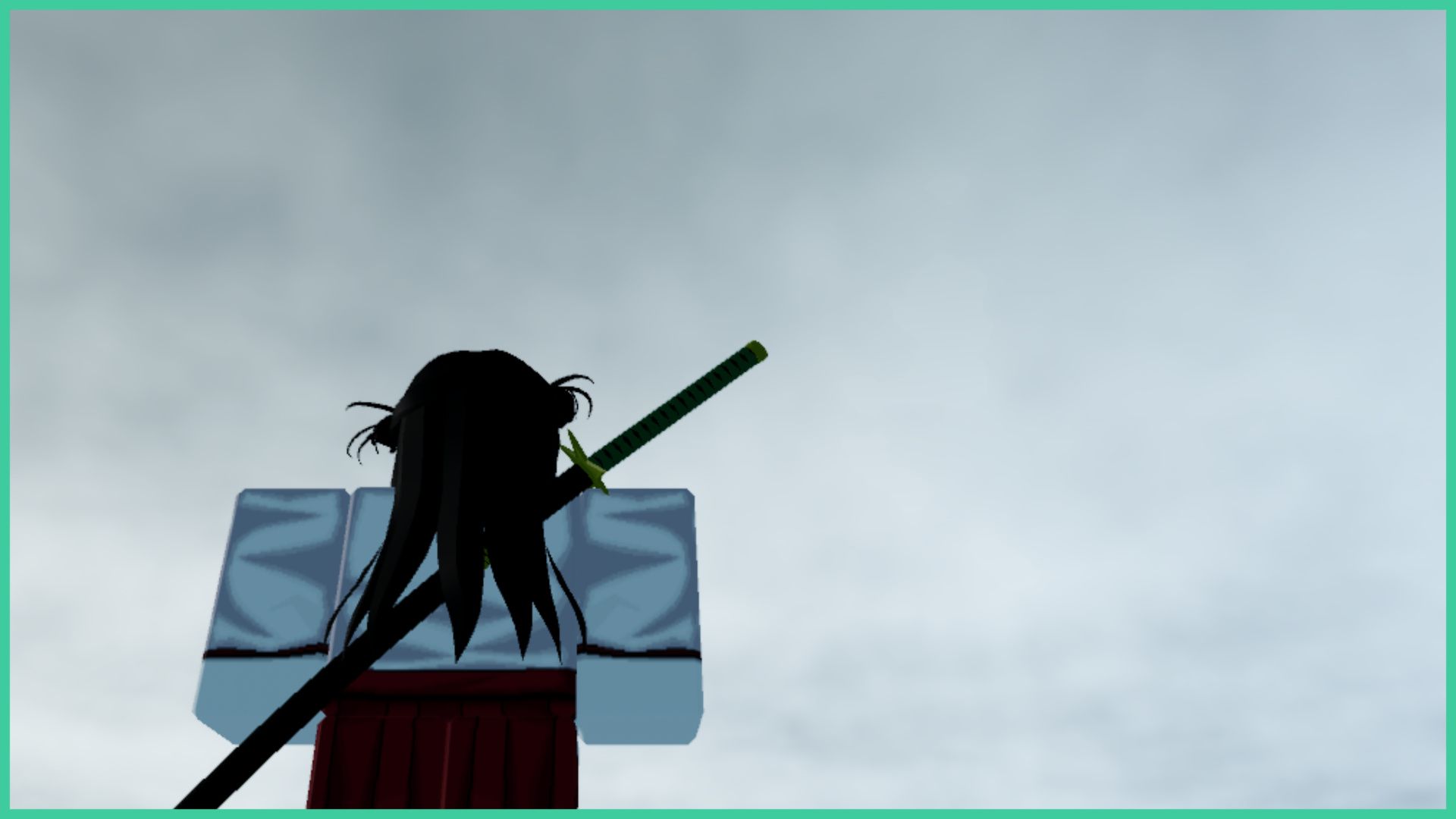 feature image for our type soul shinigami progression guide, it is a screenshot of a shinigami player looking up to the sky with a katana on their back, the sky is filled with grey clouds