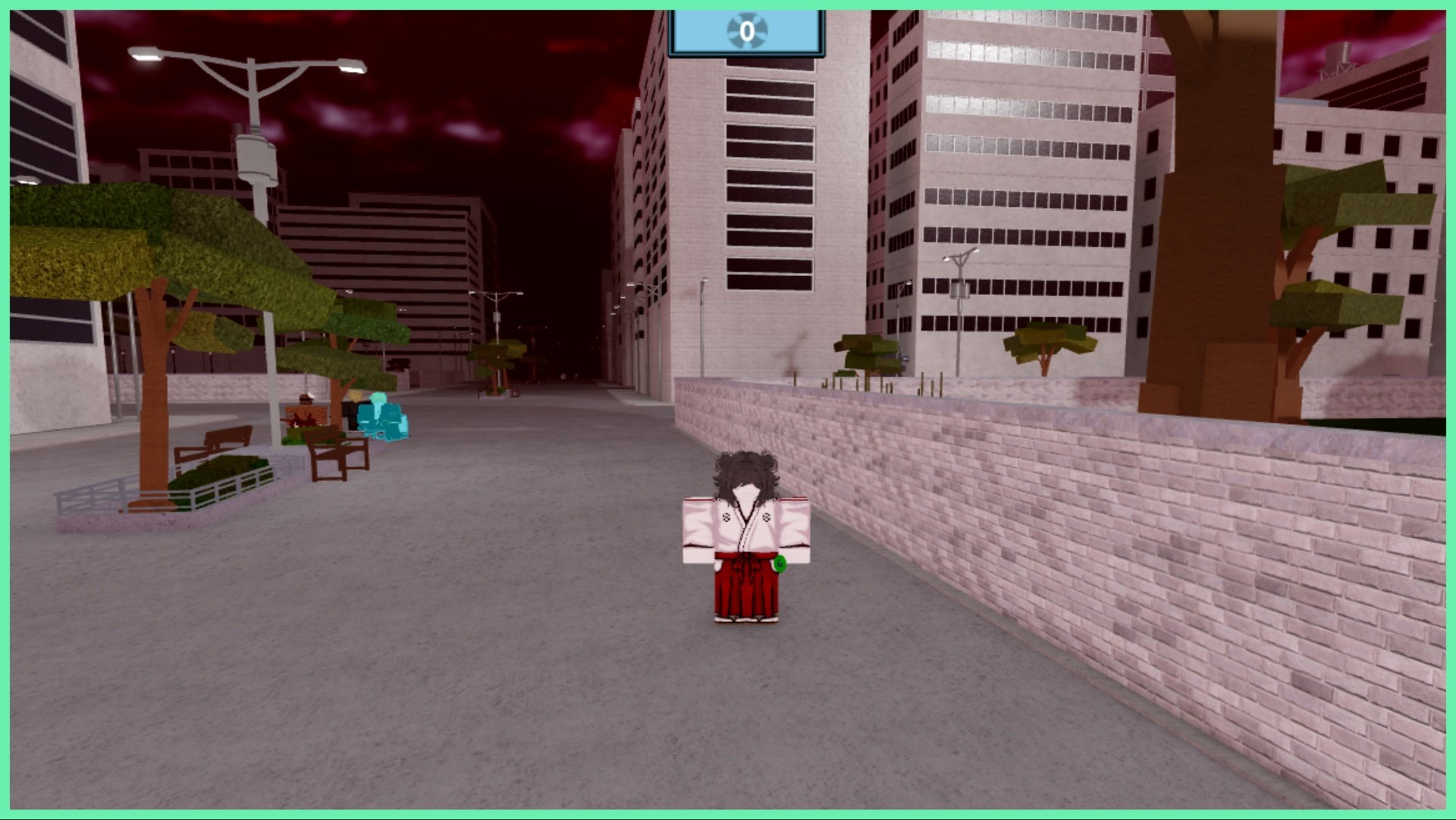 The image shows my avatar stood in white robes with red pants, behind her are a bunch of other players brawling between buildings and trees. The sky is tinted with a red filter
